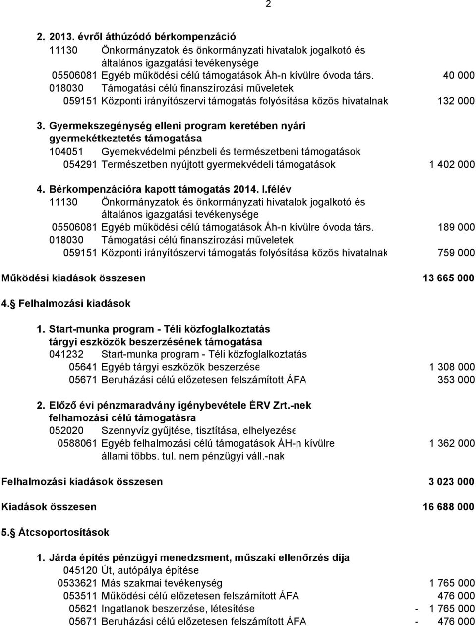 Gyermekszegénység elleni program keretében nyári gyermekétkeztetés támogatása 104051 Gyemekvédelmi pénzbeli és természetbeni támogatások 054291 Természetben nyújtott gyermekvédeli támogatások 1 402