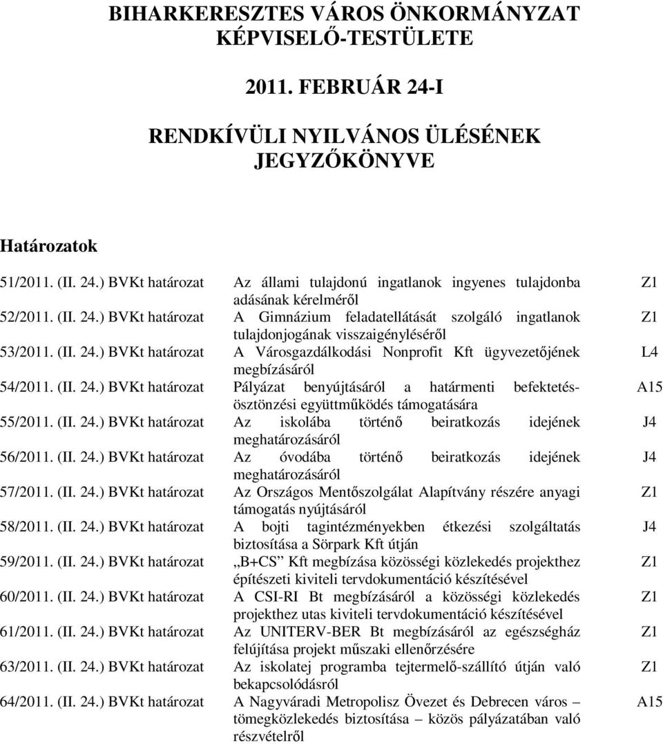 (II. 24.) BVKt határozat Pályázat benyújtásáról a határmenti befektetésösztönzési együttműködés támogatására 55/2011. (II. 24.) BVKt határozat Az iskolába történő beiratkozás idejének meghatározásáról 56/2011.