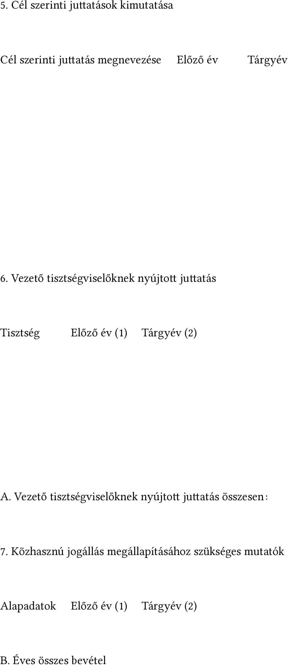 Vezető tisztségviselőknek nyújtot jutatás Tisztség Előző év (1) Tárgyév (2) A.