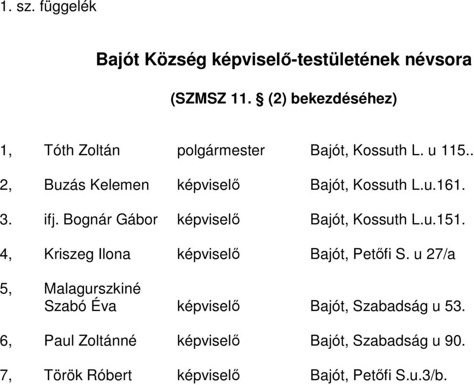 u.161. 3. ifj. Bognár Gábor képviselı Bajót, Kossuth L.u.151. 4, Kriszeg Ilona képviselı Bajót, Petıfi S.