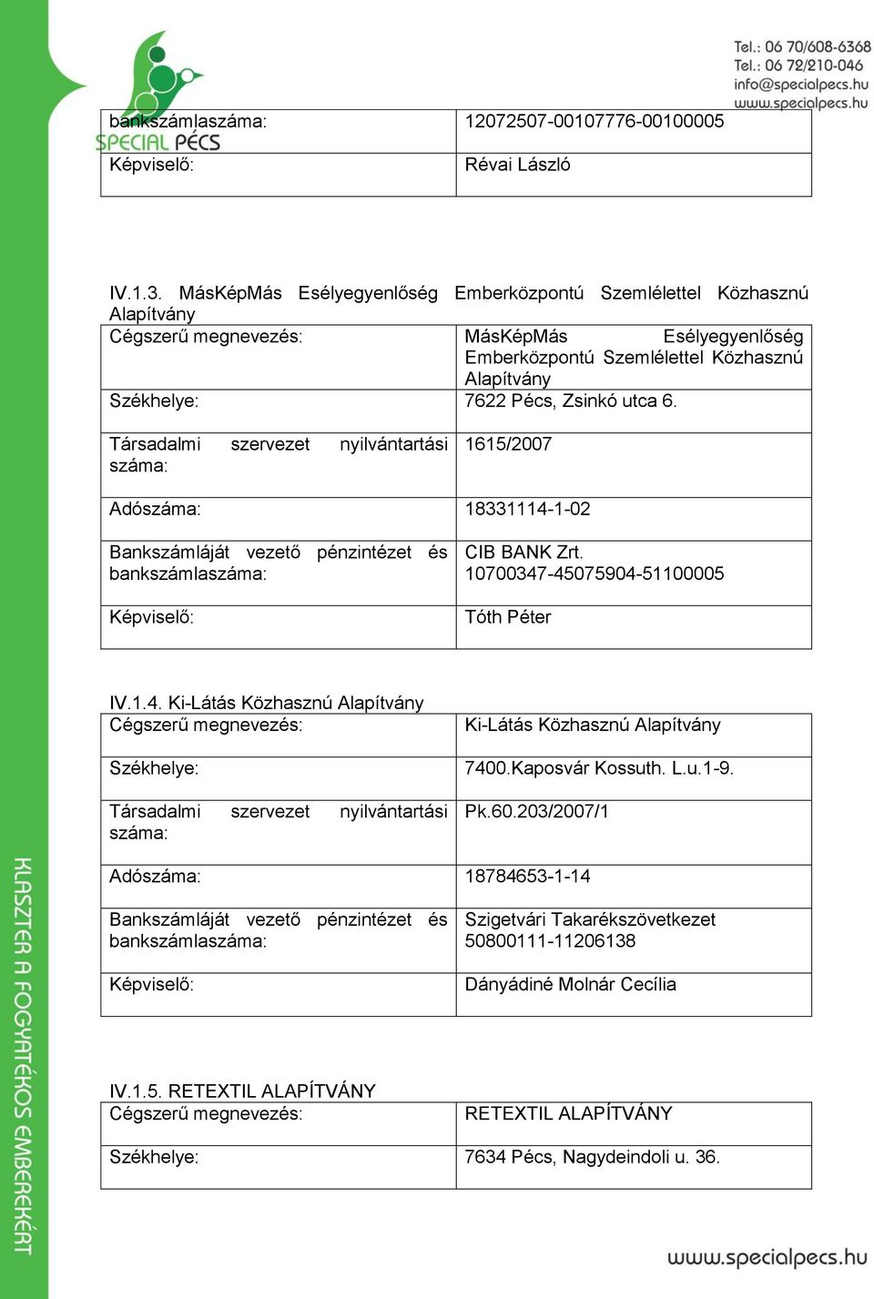 utca 6. Társadalmi szervezet nyilvántartási száma: 1615/2007 Adószáma: 18331114-1-02 Bankszámláját vezető pénzintézet és bankszámlaszáma: Képviselő: CIB BANK Zrt.