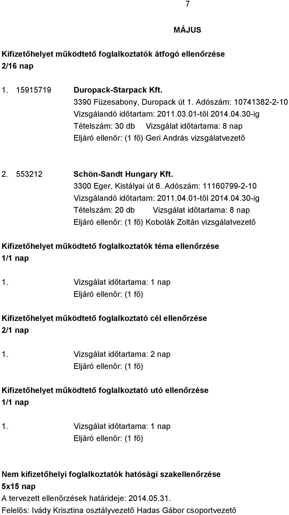 3300 Eger, Kistályai út 6. Adószám: 11160799-2-10 Vizsgálandó időtartam: 2011.04.