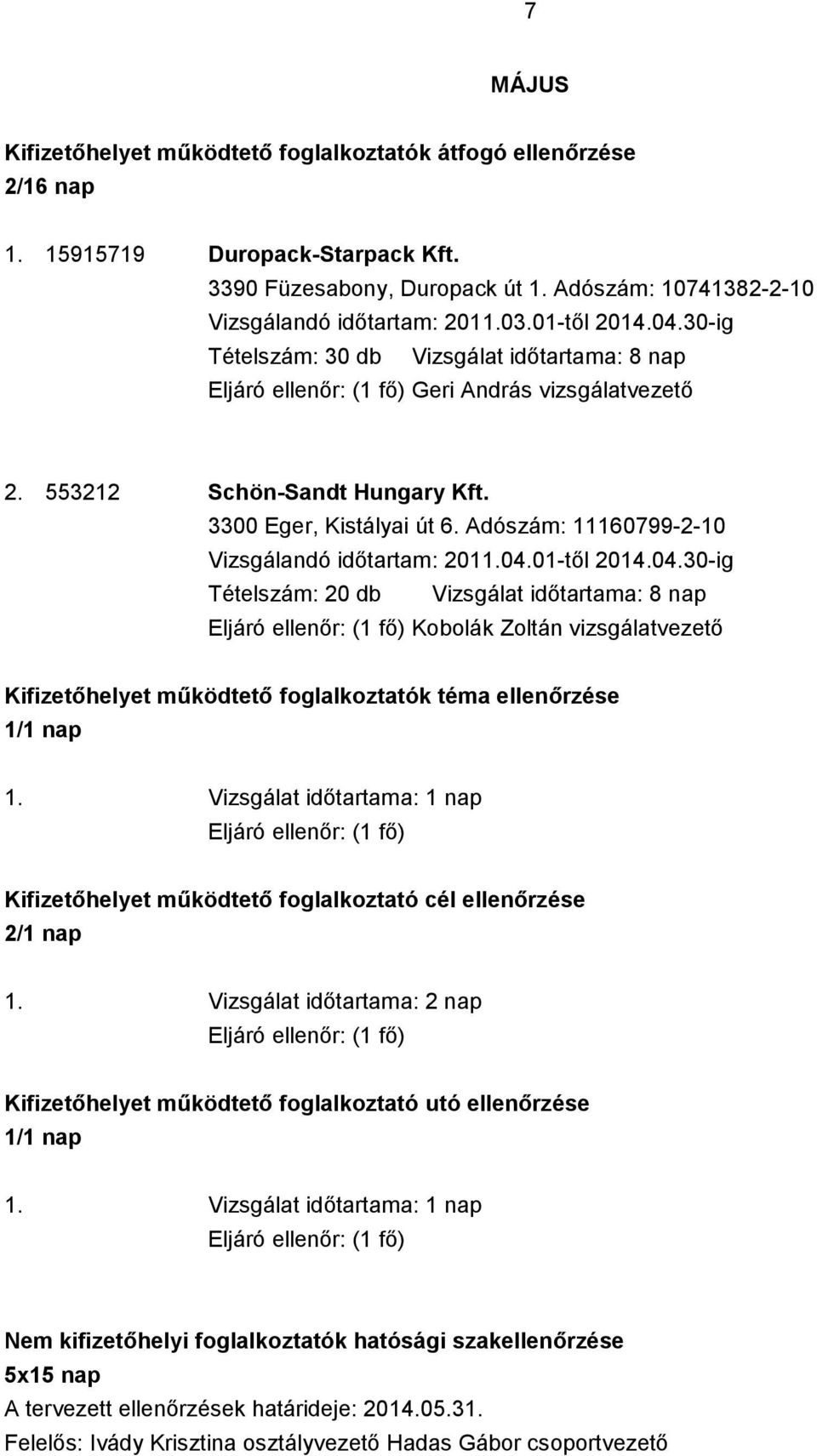 3300 Eger, Kistályai út 6. Adószám: 11160799-2-10 Vizsgálandó időtartam: 2011.04.