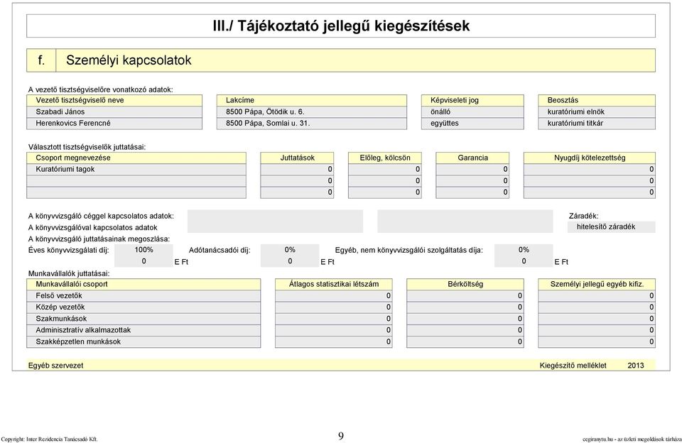 együttes kuratóriumi titkár Választott tisztségviselők juttatásai: Csoport megnevezése Juttatások Előleg, kölcsön Garancia Nyugdíj kötelezettség Kuratóriumi tagok A könyvvizsgáló céggel kapcsolatos