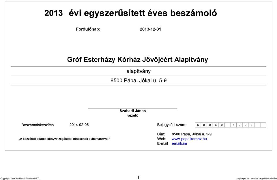 5-9 Szabadi János vezető Beszámolókészítés 214-2-5 Bejegyzési szám: 6 6 9 1 9 9 3 Cím: 85 Pápa, Jókai u.