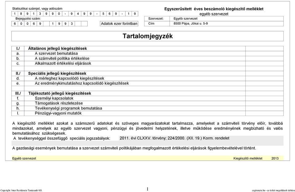 / Speciális jellegű kiegészítések d. A mérleghez kapcsolódó kiegészítések e. Az eredménykimutatáshoz kapcsolódó kiegészítések III./ Tájékoztató jellegű kiegészítések f. Személyi kapcsolatok g.
