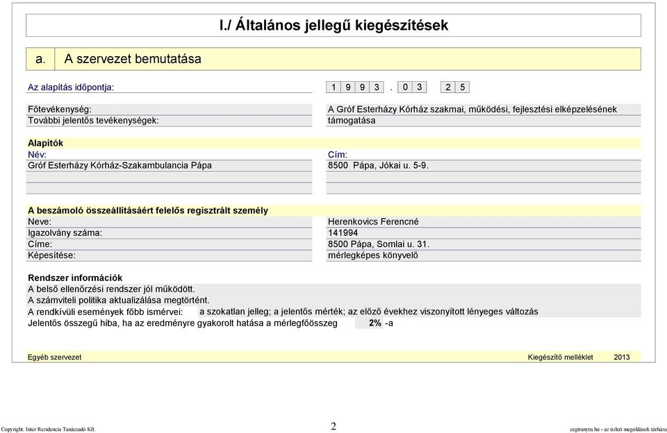 Pápa, Jókai u. 5-9. A beszámoló összeállításáért felelős regisztrált személy Neve: Herenkovics Ferencné Igazolvány száma: 141994 Címe: 85 Pápa, Somlai u. 31.