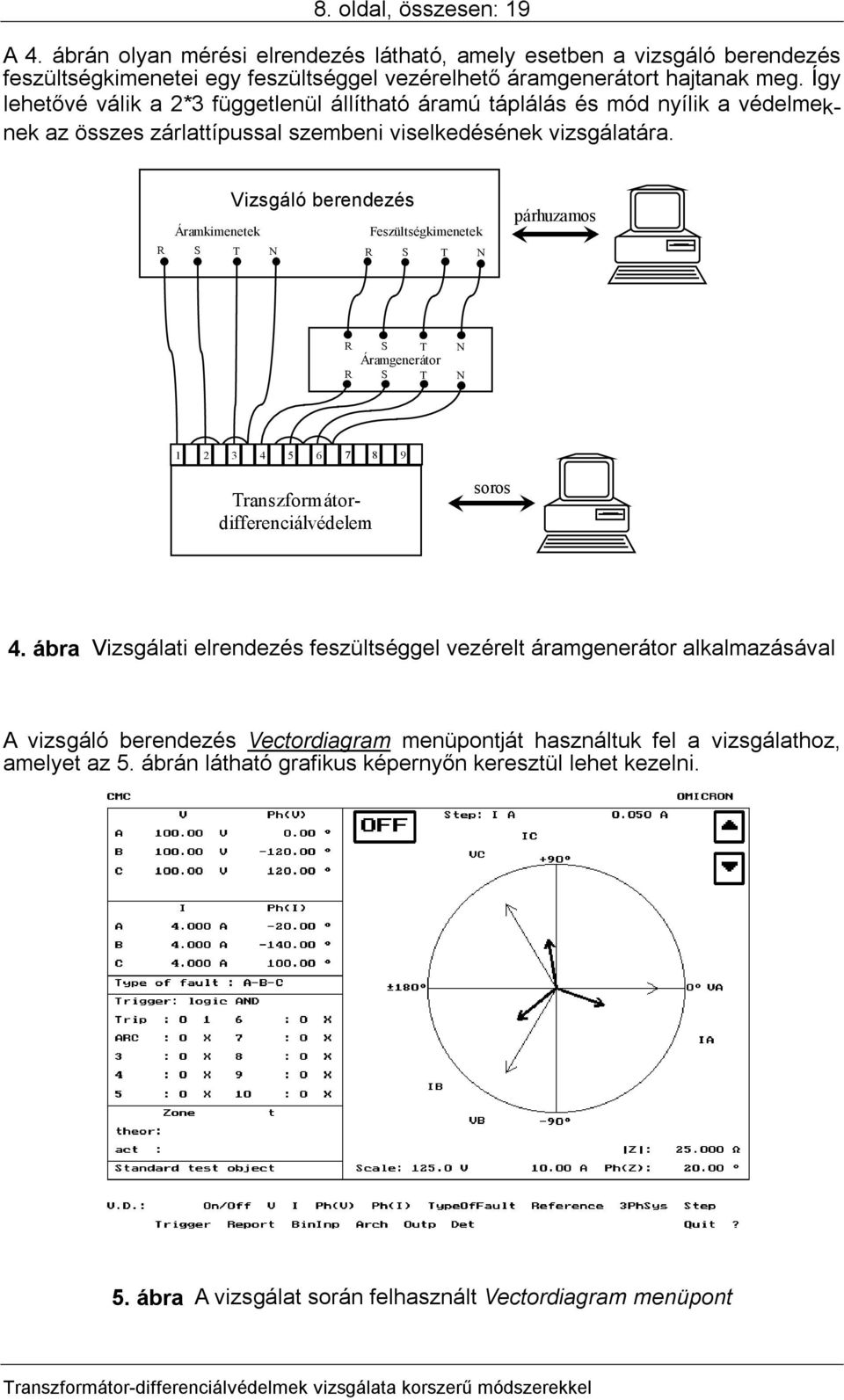 R Vizsgáló berendezés Áramkimenetek Feszültségkimenetek S T N R S T N párhuzamos R R S T Áramgenerátor S T N N 1 2 3 4 5 6 7 8 9 Transzformátordifferenciálvédelem soros 4.