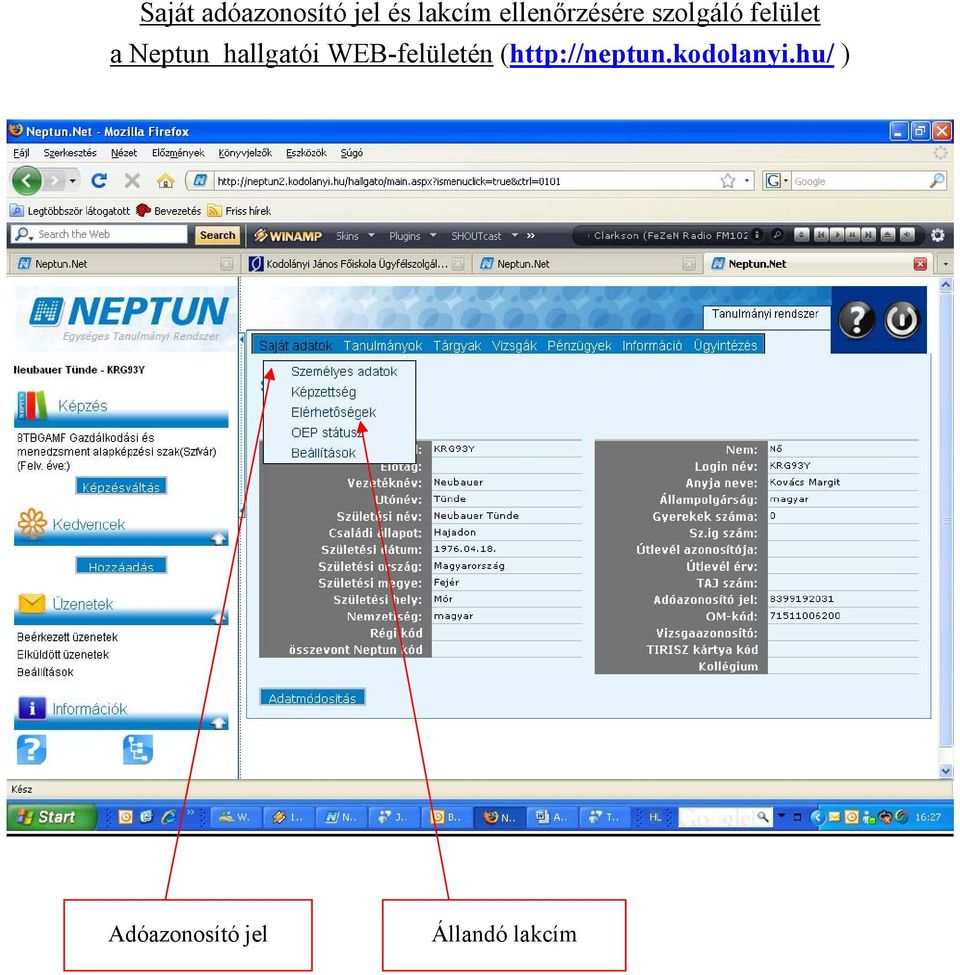 hallgatói WEB-felületén (http://neptun.