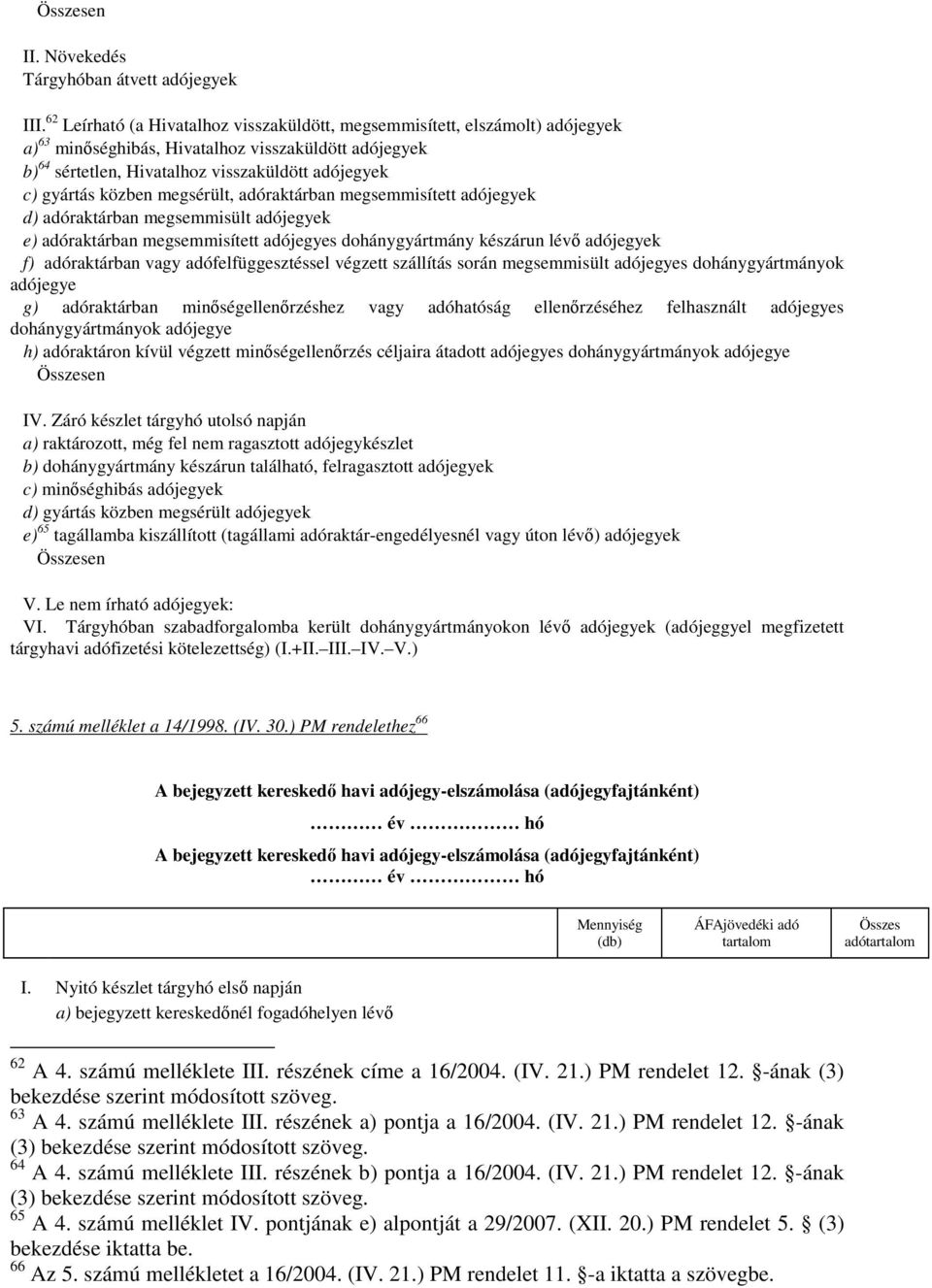 közben megsérült, adóraktárban megsemmisített adójegyek d) adóraktárban megsemmisült adójegyek e) adóraktárban megsemmisített adójegyes dohánygyártmány készárun lévő adójegyek f) adóraktárban vagy