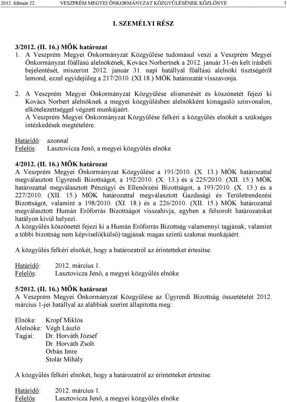 január 31. napi hatállyal főállású alelnöki tisztségéről lemond, ezzel egyidejűleg a 21