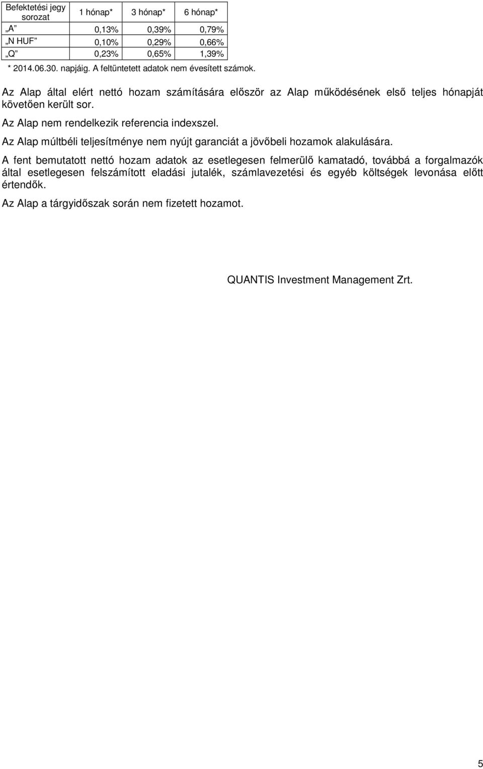 Az Alap nem rendelkezik referencia indexszel. Az Alap múltbéli teljesítménye nem nyújt garanciát a jövőbeli hozamok alakulására.
