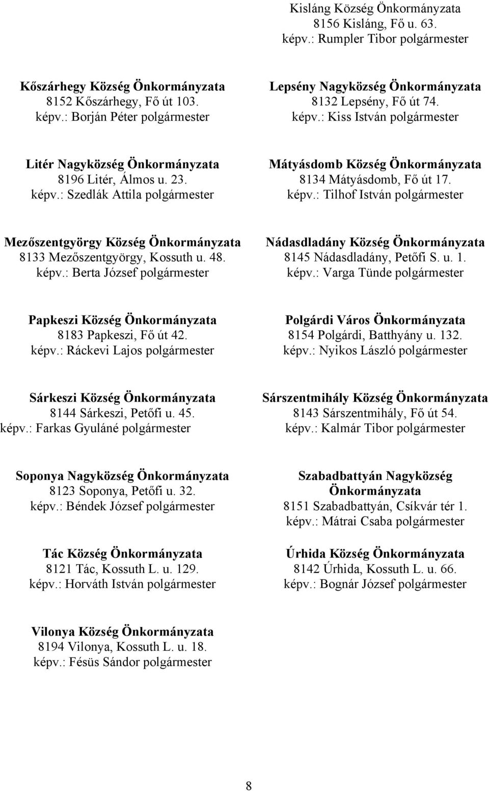 48. képv.: Berta József polgármester Nádasdladány Község Önkormányzata 8145 Nádasdladány, Petőfi S. u. 1. képv.: Varga Tünde polgármester Papkeszi Község Önkormányzata 8183 Papkeszi, Fő út 42. képv.: Ráckevi Lajos polgármester Polgárdi Város Önkormányzata 8154 Polgárdi, Batthyány u.