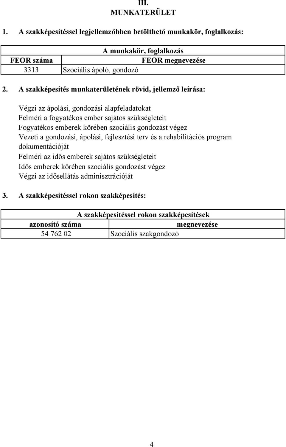 szociális gondozást végez Vezeti a gondozási, ápolási, fejlesztési terv és a rehabilitációs program dokumentációját Felméri az idős emberek sajátos szükségleteit Idős emberek körében