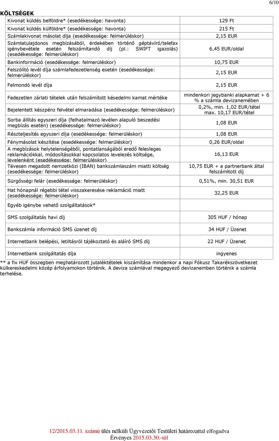 : SWIFT igazolás) Bankinformáció Felszólító levél díja számlafedezetlenség esetén (esedékessége: felmerüléskor) Felmondó levél díja Fedezetlen zárlati tételek után felszámított késedelmi kamat