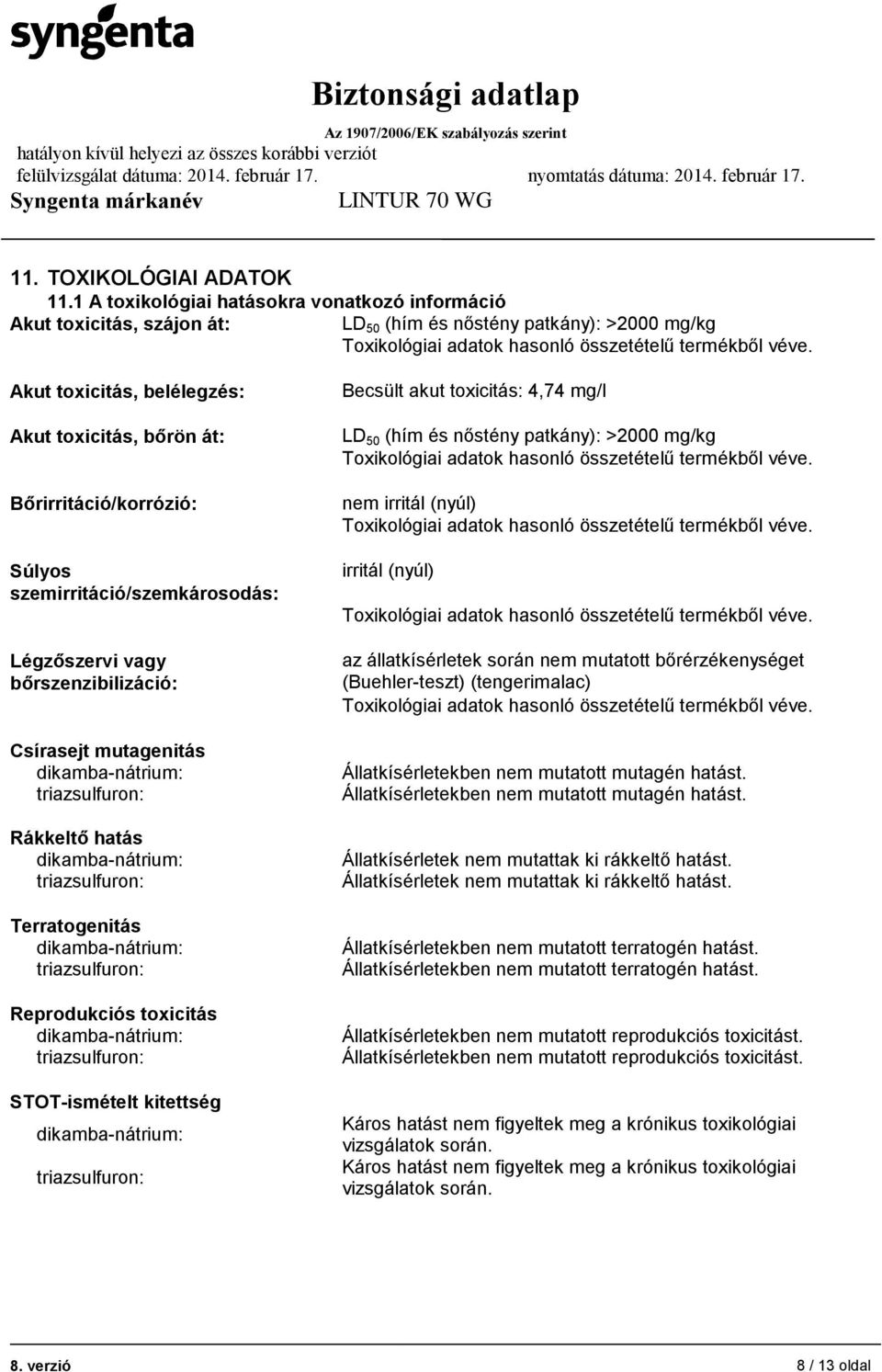 Akut toxicitás, belélegzés: Akut toxicitás, bőrön át: Bőrirritáció/korrózió: Súlyos szemirritáció/szemkárosodás: Légzőszervi vagy bőrszenzibilizáció: Csírasejt mutagenitás dikamba-nátrium: