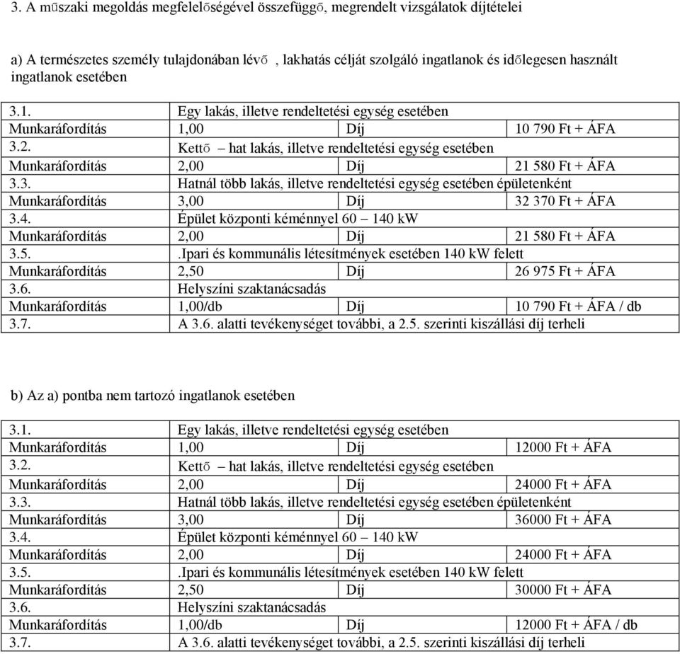 Kettő hat lakás, illetve rendeltetési egység esetében Munkaráfordítás 2,00 Díj 21 580 Ft + ÁFA 3.