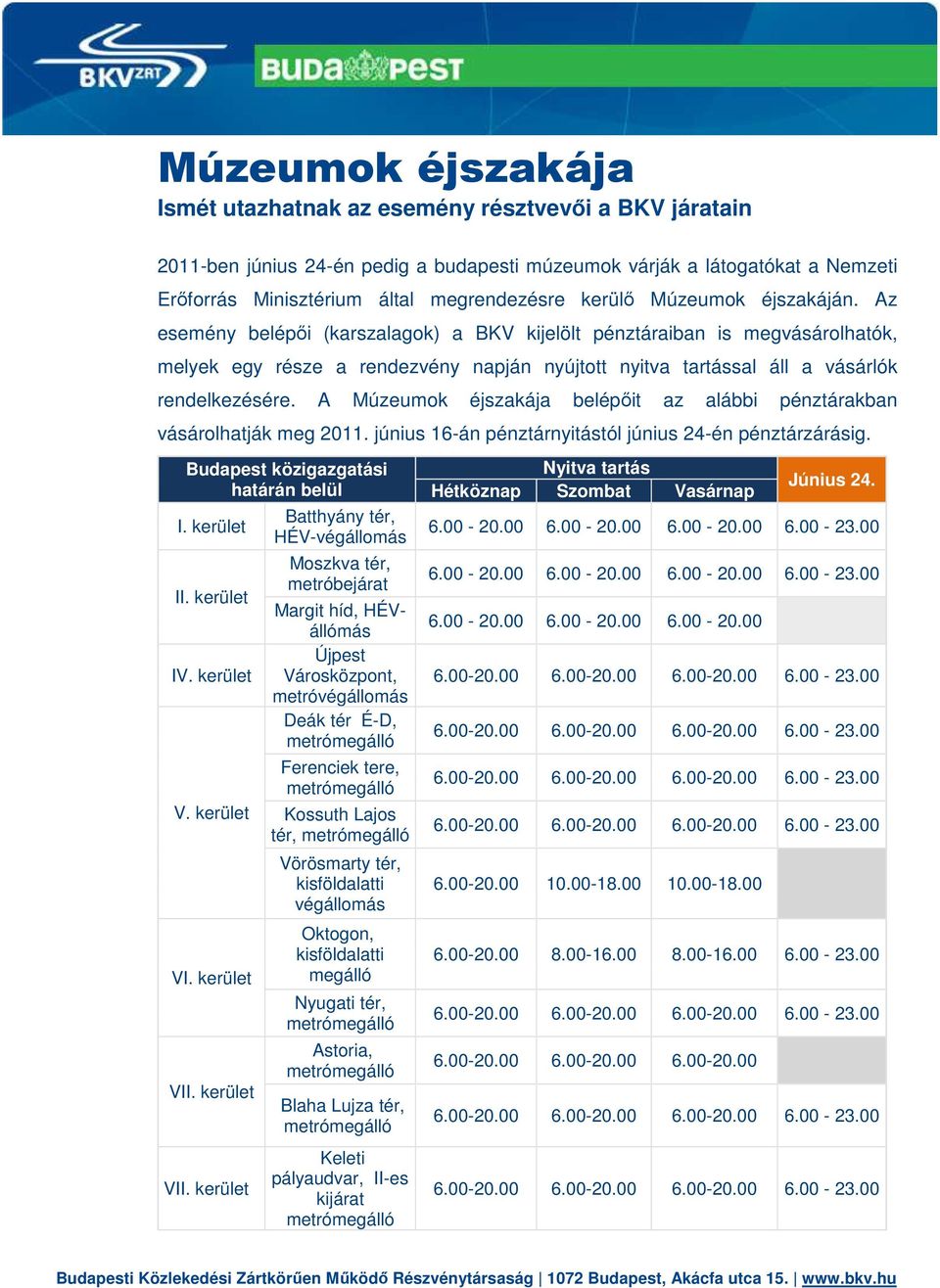 A ok éjszakája belépőit az alábbi pénztárakban vásárolhatják meg 2011. június 16-án pénztárnyitástól június 24-én pénztárzárásig. Budapest közigazgatási határán belül I. kerület II. kerület IV.
