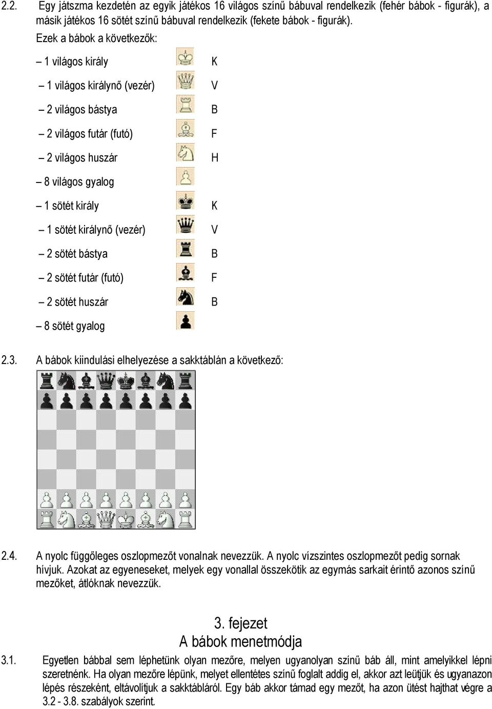 2 sötét bástya B 2 sötét futár (futó) F 2 sötét huszár B 8 sötét gyalog 2.3. A bábok kiindulási elhelyezése a sakktáblán a következő: 2.4. A nyolc függőleges oszlopmezőt vonalnak nevezzük.