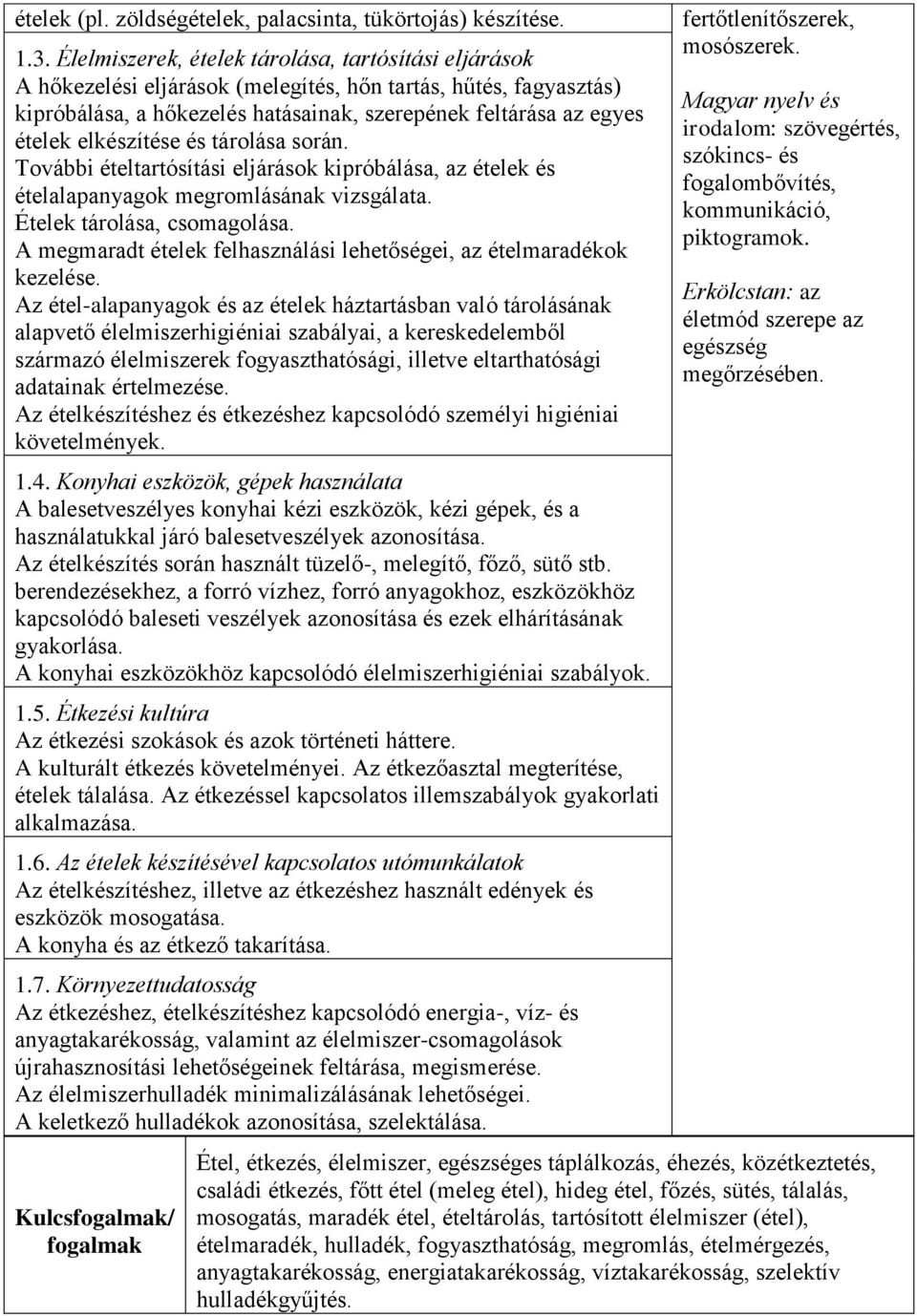 elkészítése és tárolása során. További ételtartósítási eljárások kipróbálása, az ételek és ételalapanyagok megromlásának vizsgálata. Ételek tárolása, csomagolása.