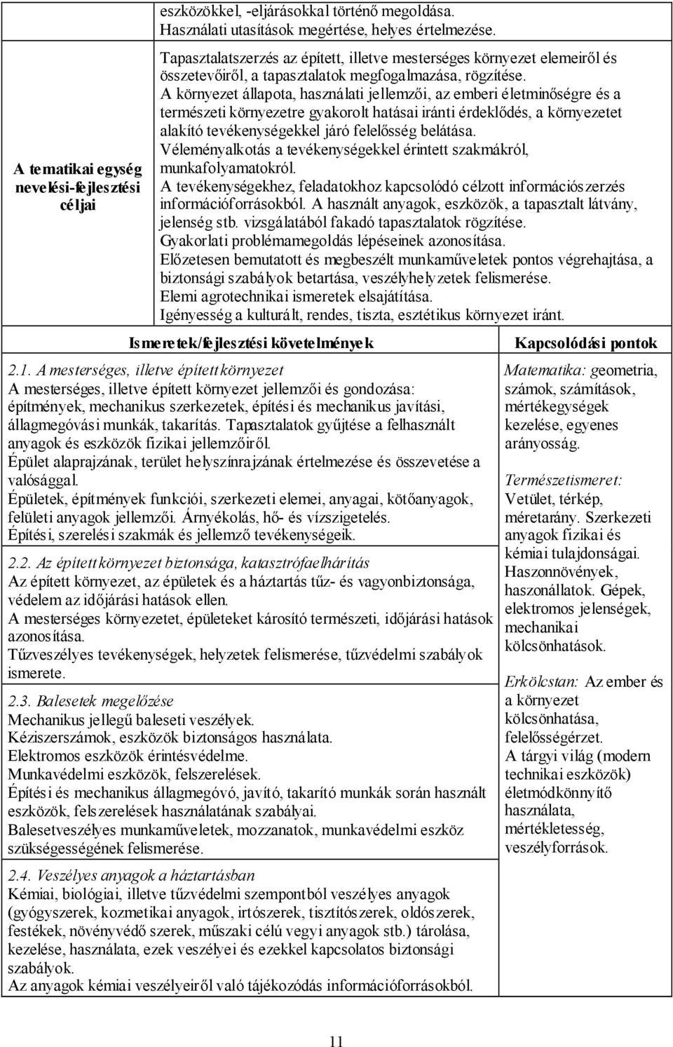 A környezet állapota, használati jellemzői, az emberi életminőségre és a természeti környezetre gyakorolt hatásai iránti érdeklődés, a környezetet alakító tevékenységekkel járó felelősség belátása.