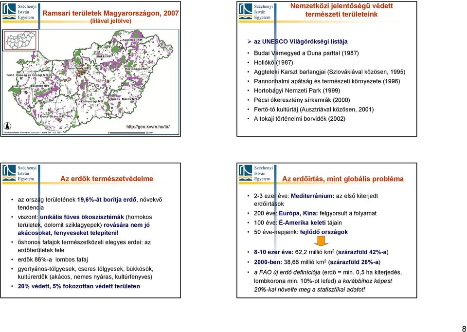 (1999) Pécsi ókeresztény sírkamrák (2000) Fertő-tó kultúrtáj (Ausztriával közösen, 2001) A tokaji történelmi borvidék (2002) Az erdők természetvédelme Az erdőirtás, mint globális probléma az ország