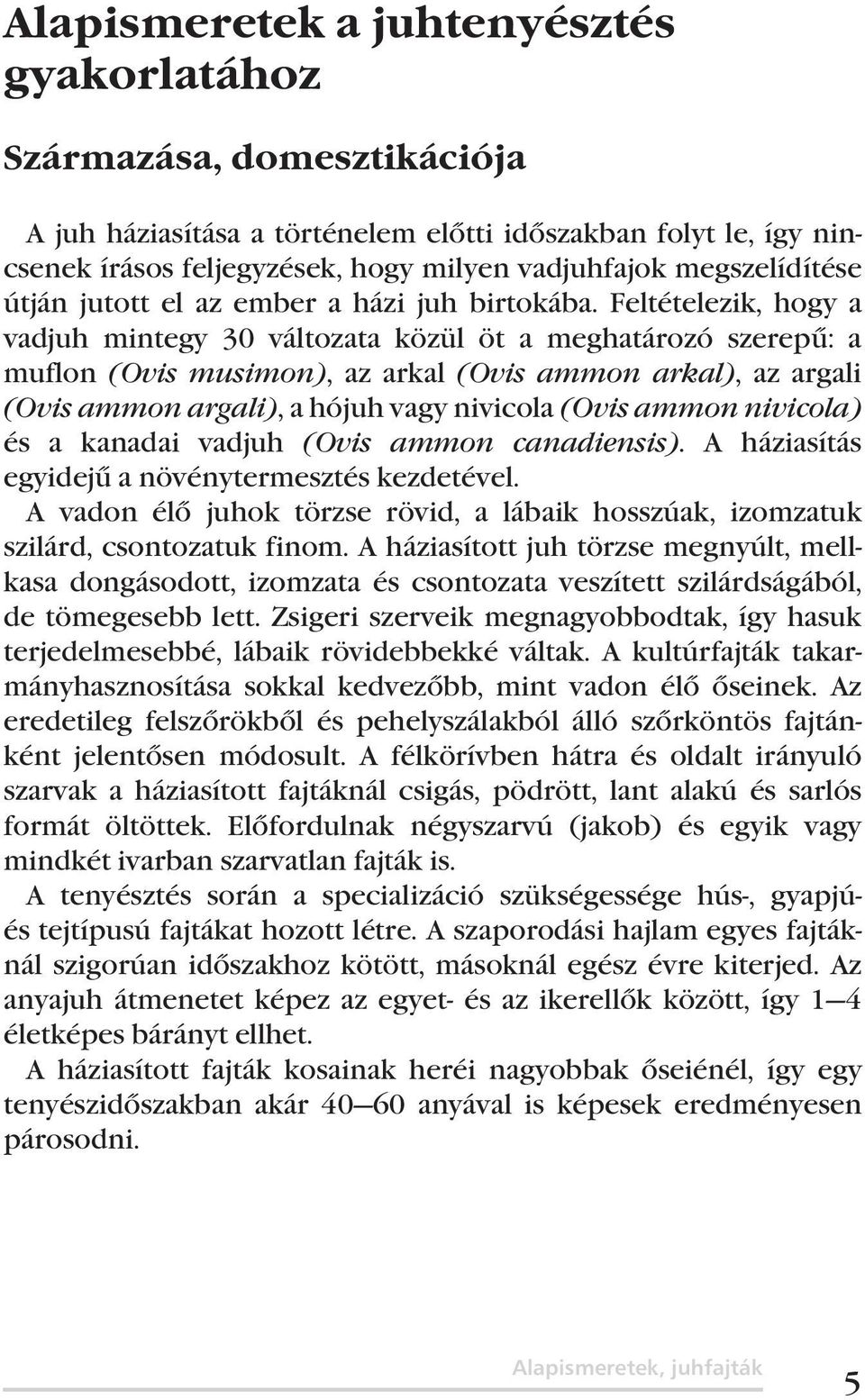 Feltételezik, hogy a vadjuh mintegy 30 változata közül öt a meghatározó szerepű: a muflon (Ovis musimon), az arkal (Ovis ammon arkal), az argali (Ovis ammon argali), a hójuh vagy nivicola (Ovis ammon