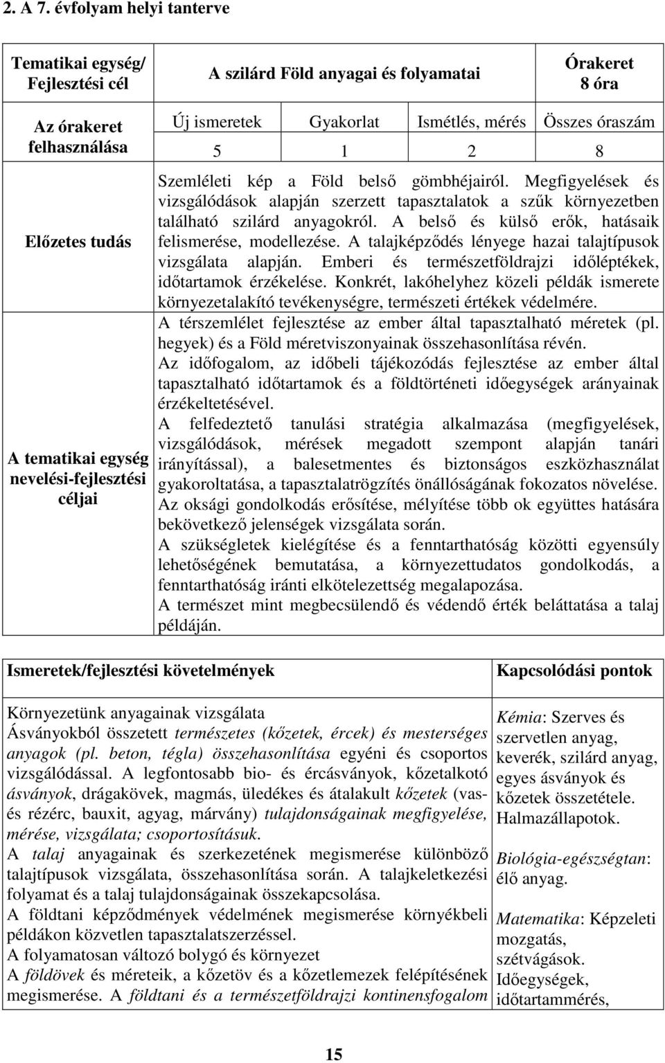 Új ismeretek Gyakorlat Ismétlés, mérés Összes óraszám 5 1 2 8 Szemléleti kép a Föld belső gömbhéjairól.