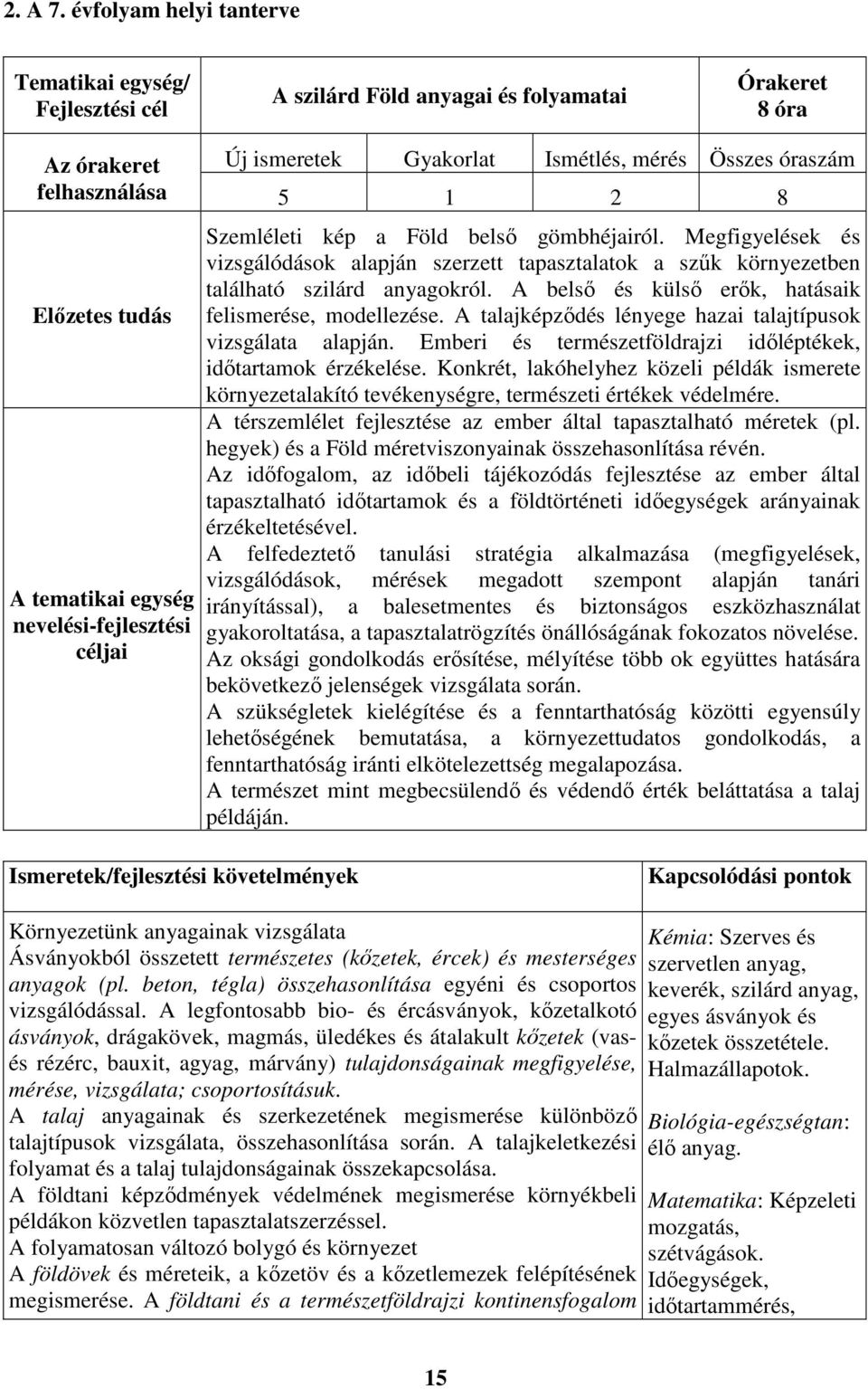 Új ismeretek Gyakorlat Ismétlés, mérés Összes óraszám 5 1 2 8 Szemléleti kép a Föld belső gömbhéjairól.