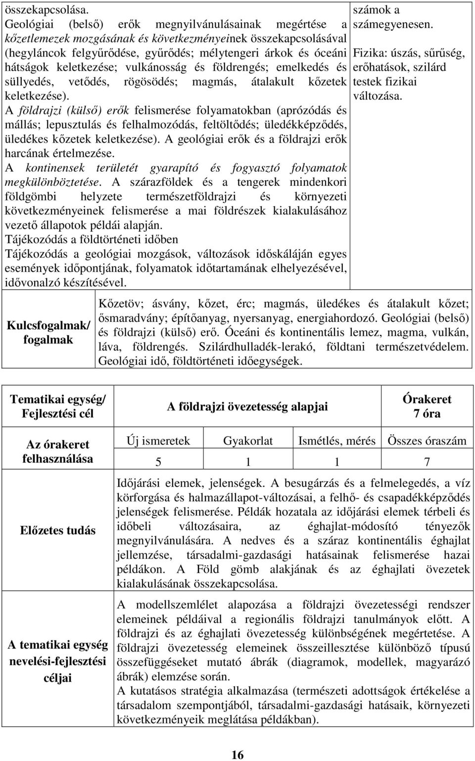 keletkezése; vulkánosság és földrengés; emelkedés és süllyedés, vetődés, rögösödés; magmás, átalakult kőzetek keletkezése).