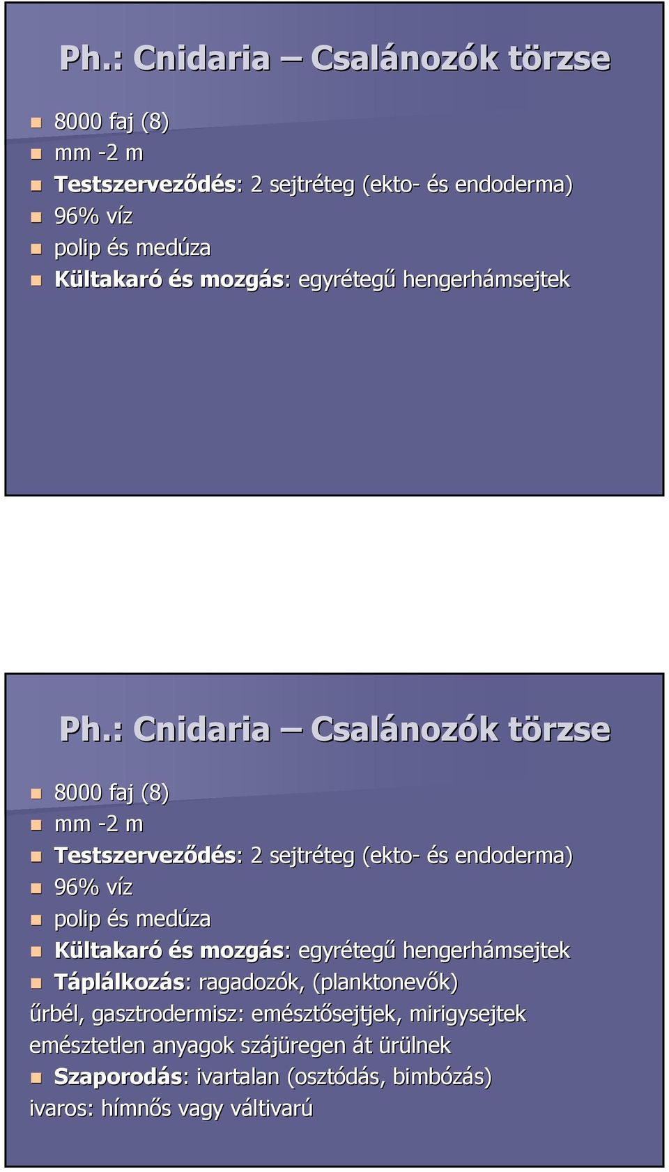 emésztősejtjek,, mirigysejtek emésztetlen anyagok szájüregen át ürülnek Szaporodás: : ivartalan (osztódás, bimbózás) ivaros: hímnős