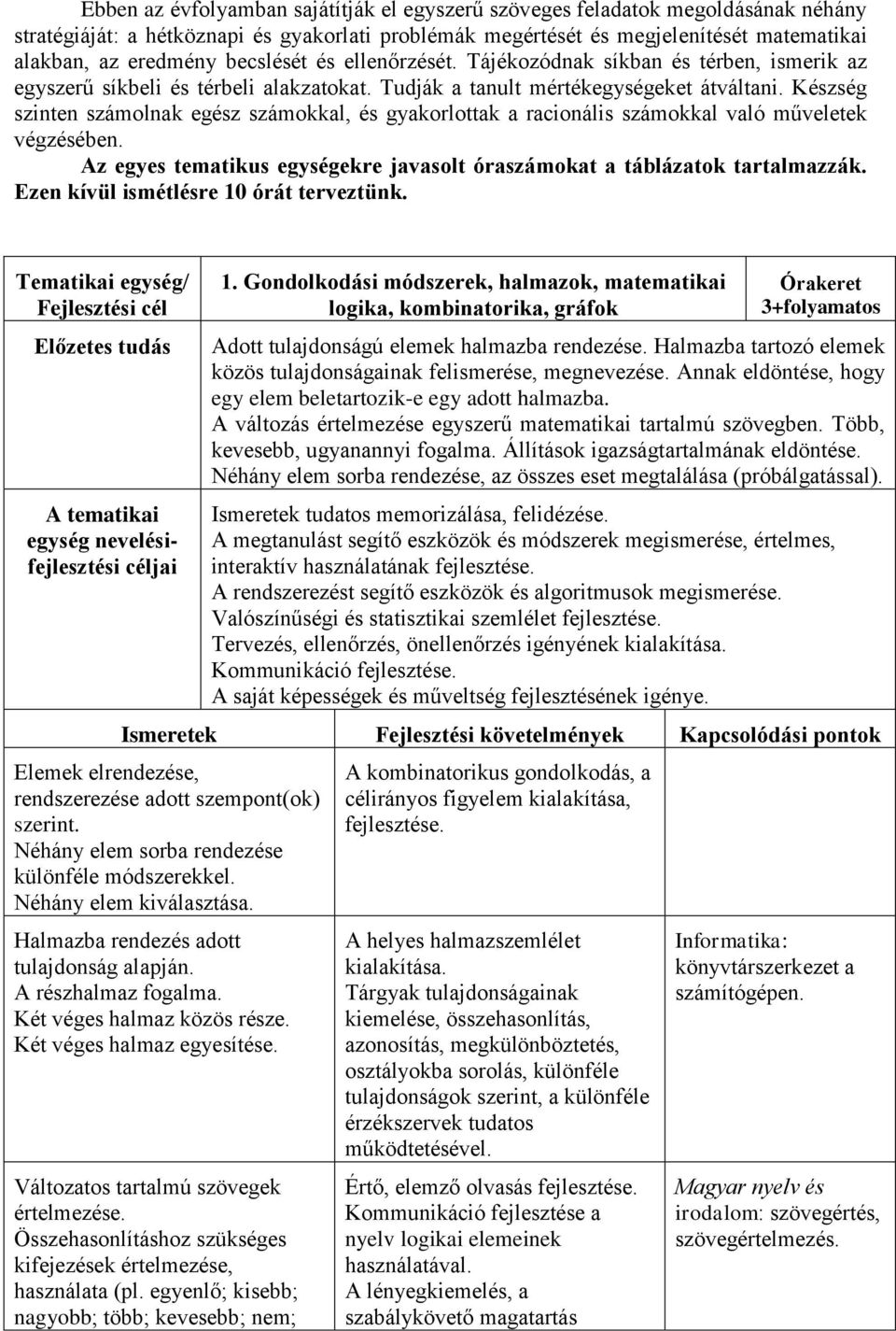 Készség szinten számolnak egész számokkal, és gyakorlottak a racionális számokkal való műveletek végzésében. Az egyes tematikus egységekre javasolt óraszámokat a táblázatok tartalmazzák.