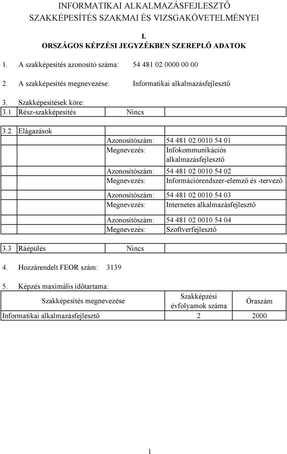 2 Elágazások Nincs Azonosítószám: 54 481 02 0010 54 01 Megnevezés: Infokommunikációs alkalmazásfejlesztő Azonosítószám: 54 481 02 0010 54 02 Megnevezés: Információrendszerelemző és tervező