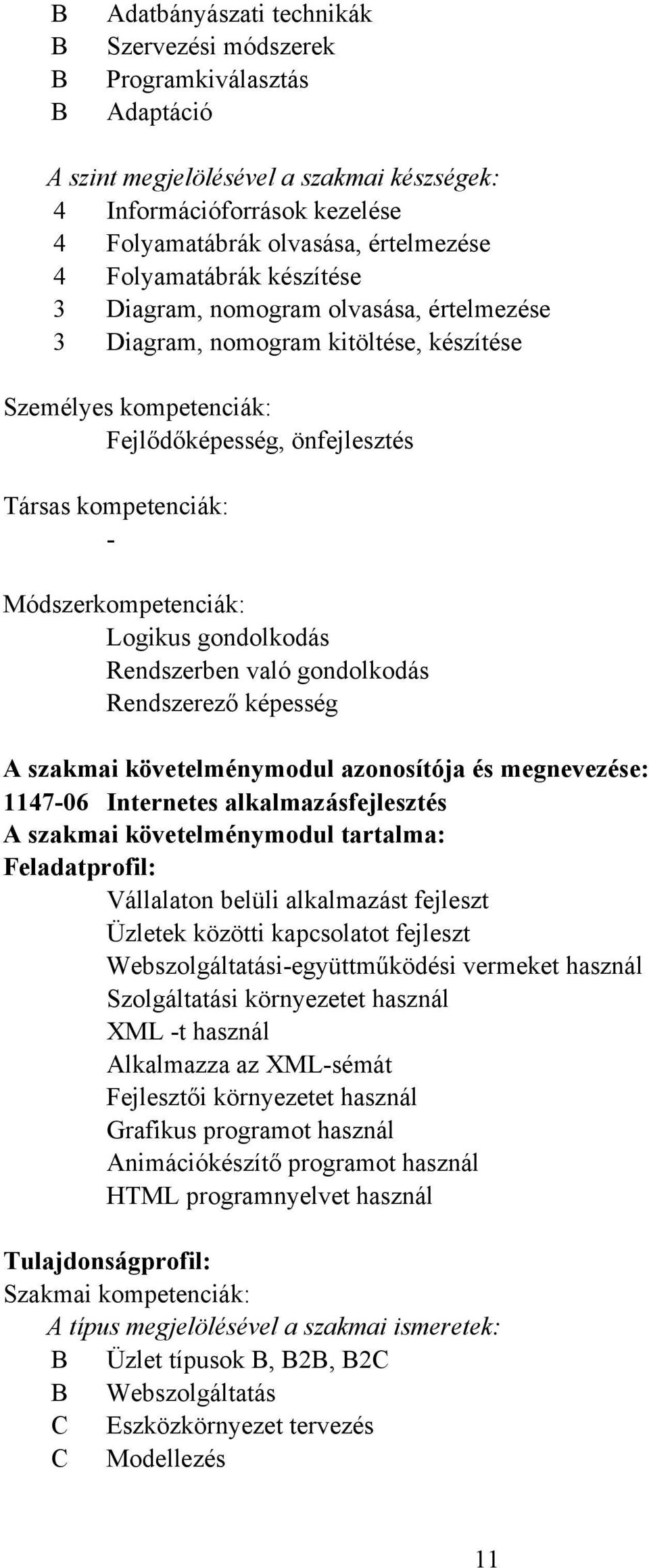 Módszerkompetenciák: Logikus gondolkodás Rendszerben való gondolkodás Rendszerező képesség A szakmai követelménymodul azonosítója és megnevezése: 114706 Internetes alkalmazásfejlesztés A szakmai