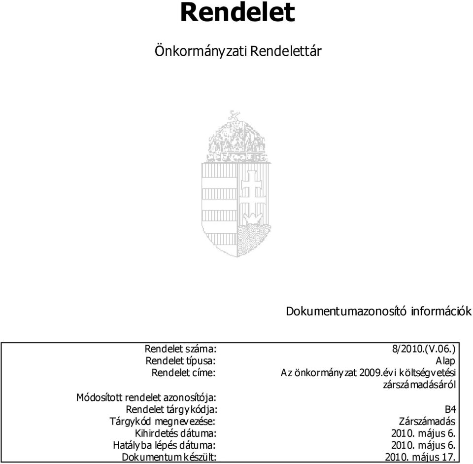 évi költségvetési zárszámadásáról Módosított rendelet azonosítója: Rendelet tárgykódja: B4