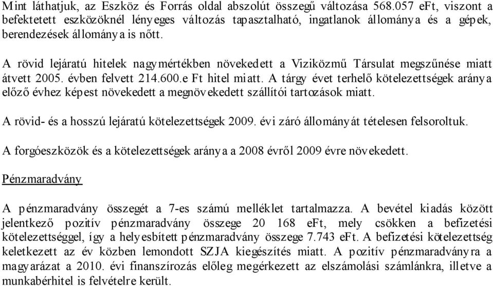 A rövid lejáratú hitelek nagymértékben növekedett a Viziközmű Társulat megszűnése miatt átvett 2005. évben felvett 214.600.e Ft hitel miatt.