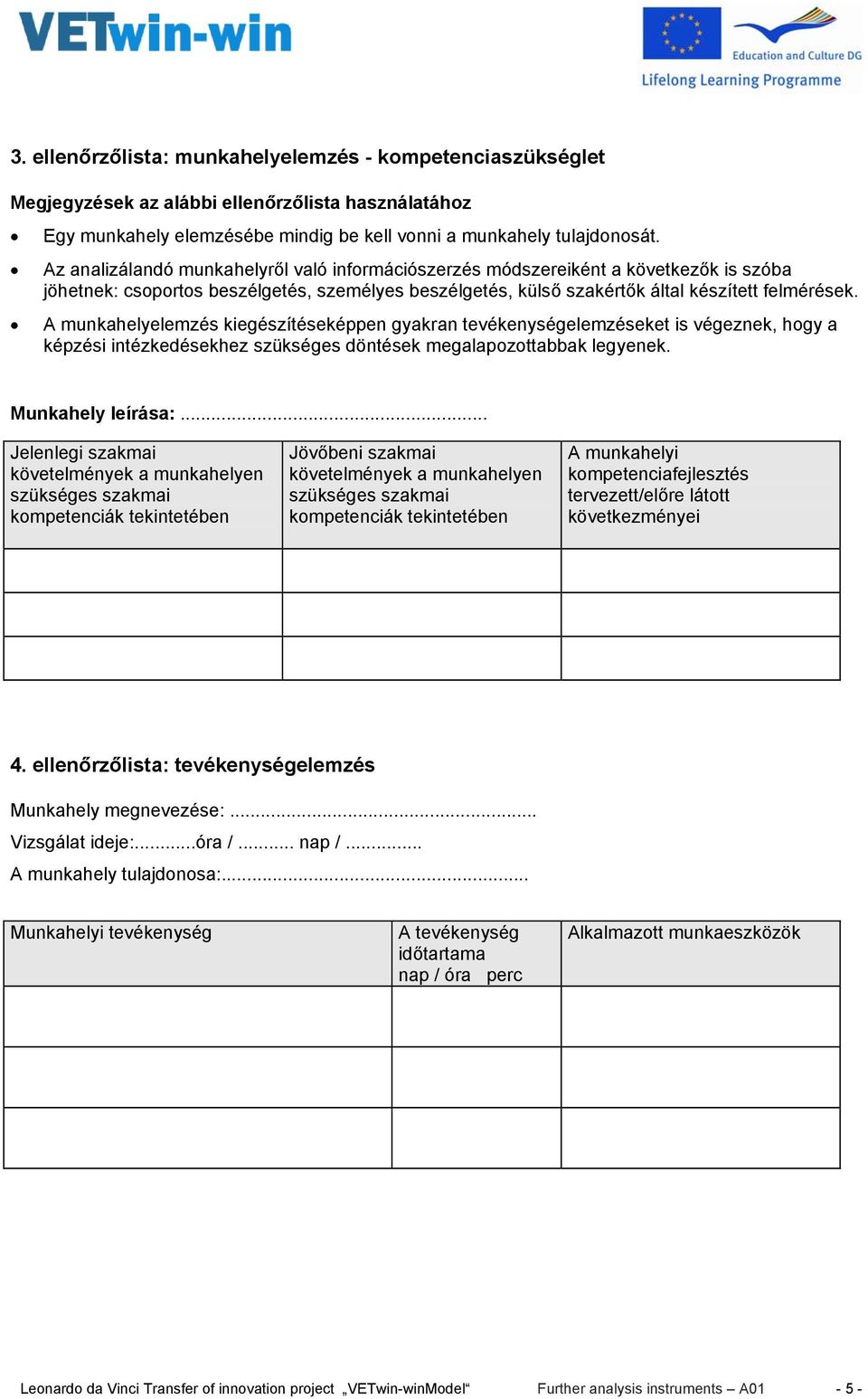 A munkahelyelemzés kiegészítéseképpen gyakran tevékenységelemzéseket is végeznek, hogy a képzési intézkedésekhez szükséges döntések megalapozottabbak legyenek. Munkahely leírása:.