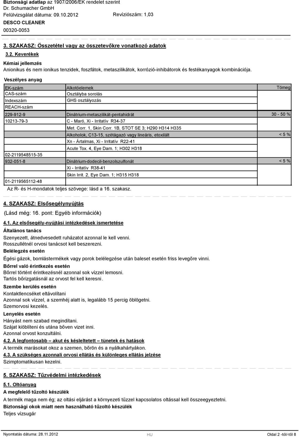 Veszélyes anyag EK-szám CAS-szám Indexszám REACH-szám 229-912-9 10213-79-3 02-211954515-35 932-051- 01-2119565112-4 Alkotóelemek Osztályba sorolás GHS osztályozás Dinátrium-metaszilikát-pentahidrát C