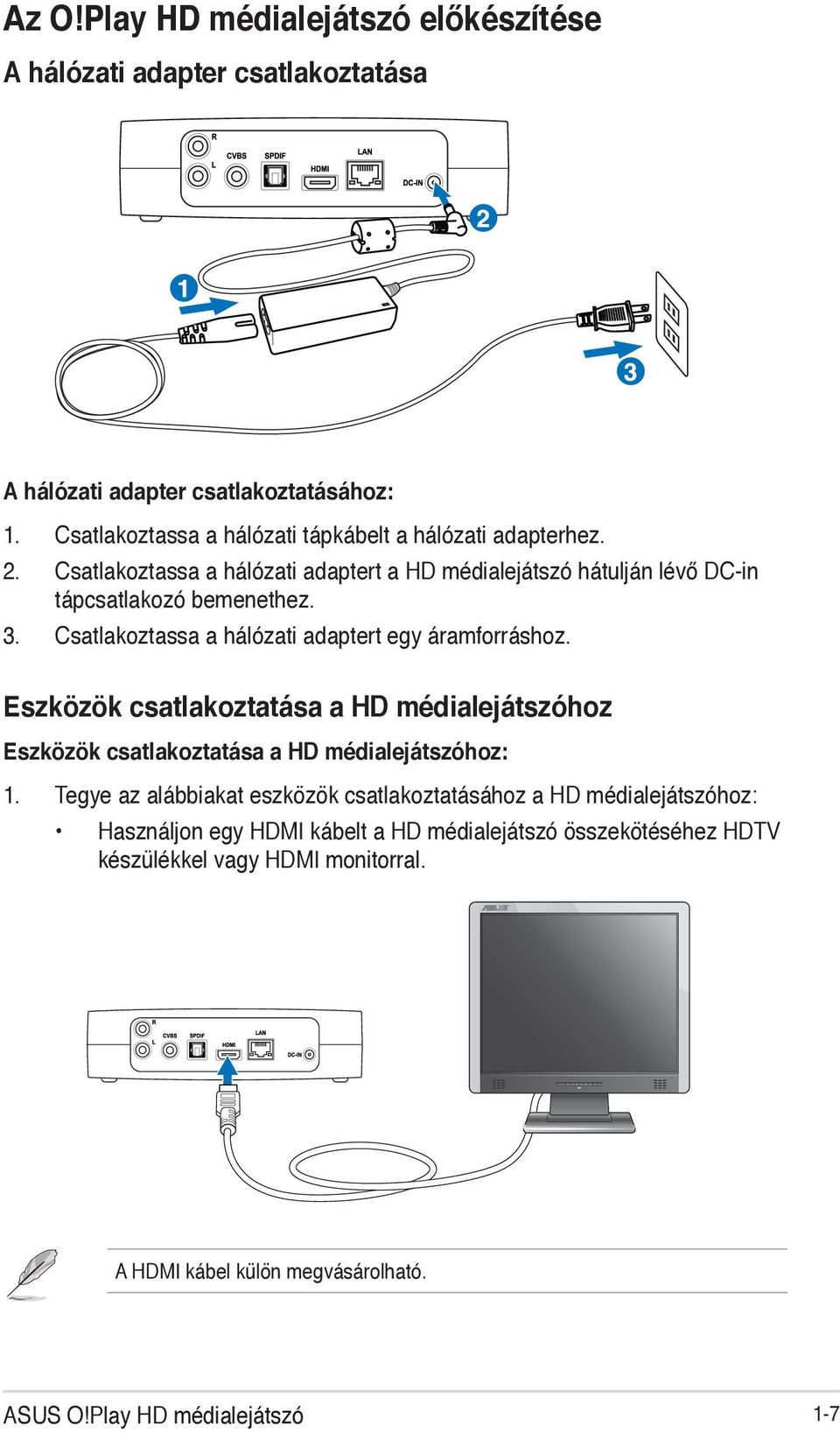 Csatlakoztassa a hálózati adaptert egy áramforráshoz. Eszközök csatlakoztatása a HD médialejátszóhoz Eszközök csatlakoztatása a HD médialejátszóhoz: 1.