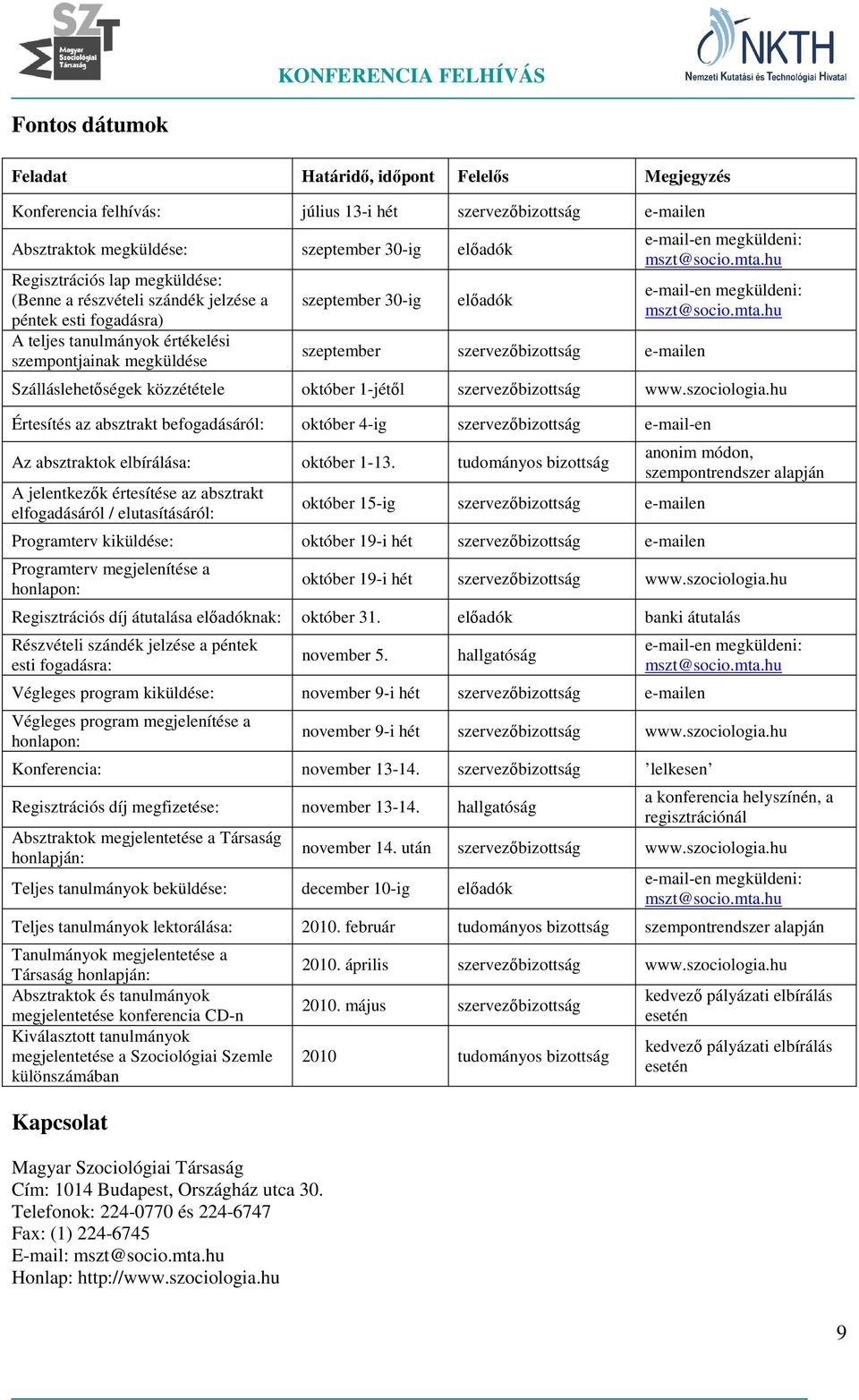 e-mail-en megküldeni: mszt@socio.mta.hu e-mail-en megküldeni: mszt@socio.mta.hu Szálláslehetőségek közzététele október 1-jétől szervezőbizottság www.szociologia.