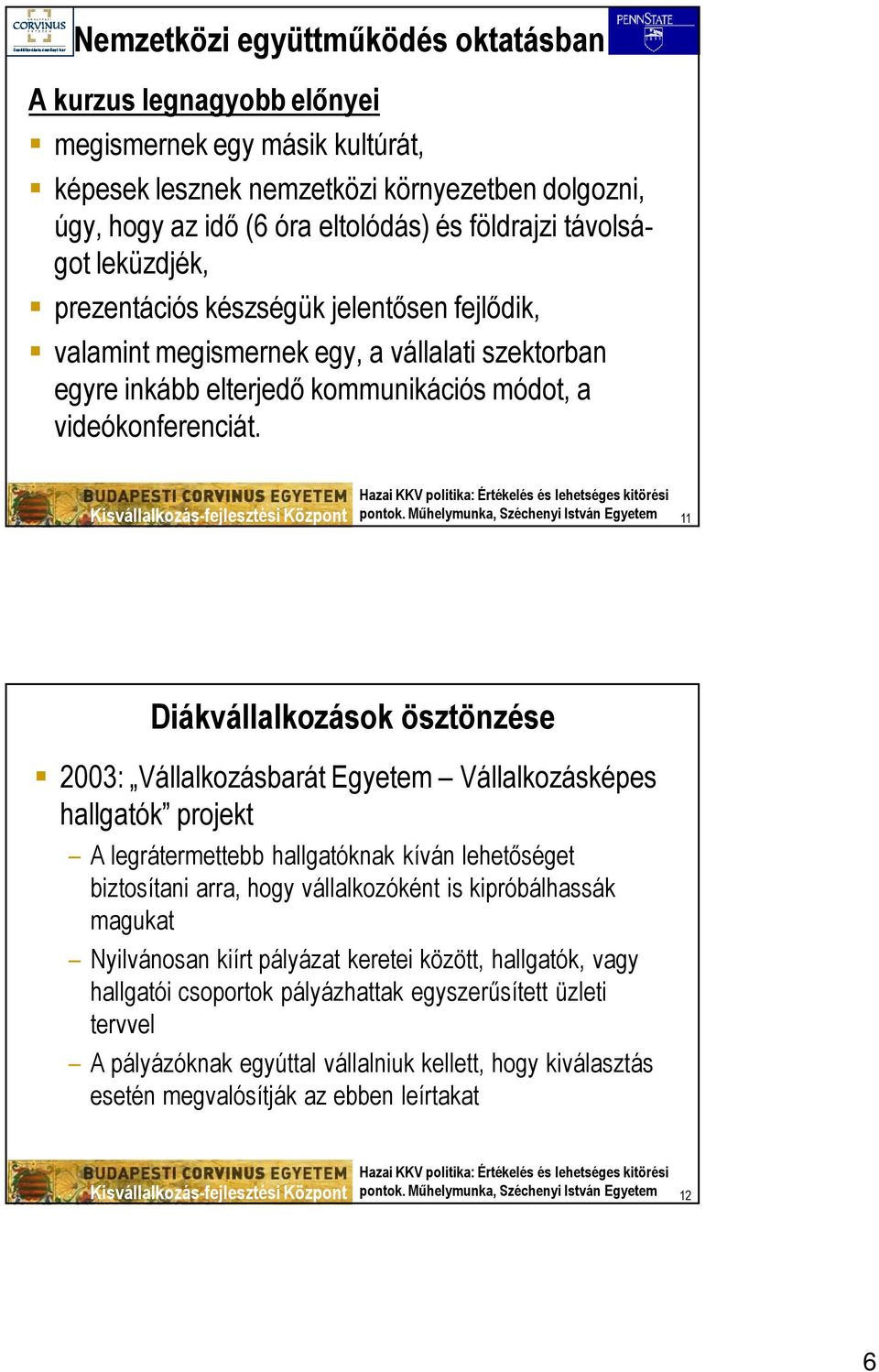 Műhelymunka, Széchenyi István Egyetem 11 Diákvállalkozások ösztönzése 2003: Vállalkozásbarát Egyetem Vállalkozásképes hallgatók projekt A legrátermettebb hallgatóknak kíván lehetőséget biztosítani