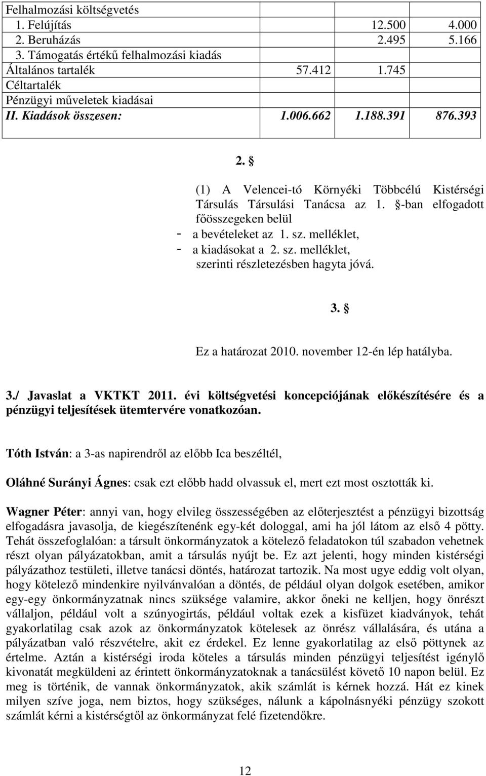 melléklet, - a kiadásokat a 2. sz. melléklet, szerinti részletezésben hagyta jóvá. 3. Ez a határozat 2010. november 12-én lép hatályba. 3./ Javaslat a VKTKT 2011.