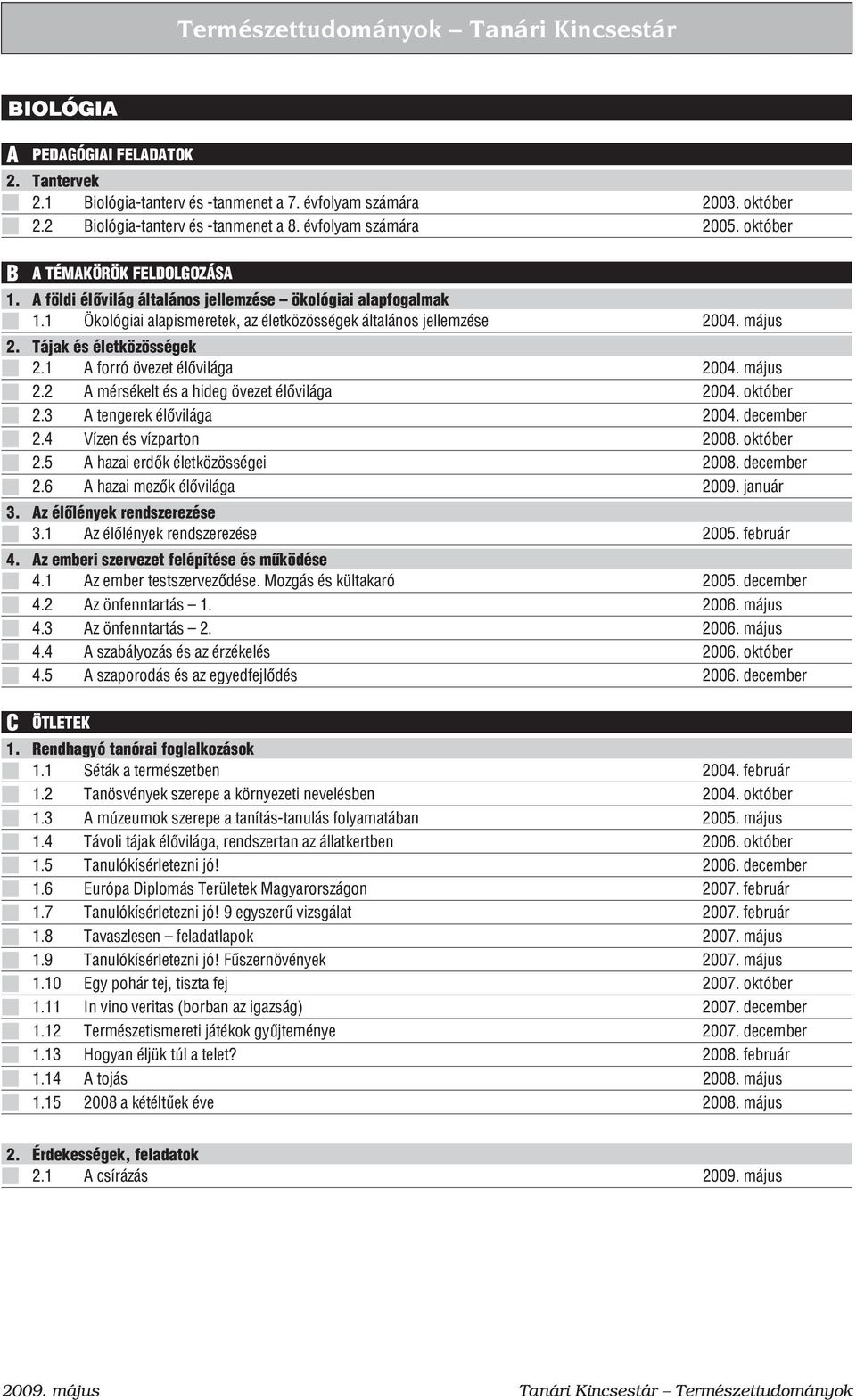 1 A forró övezet élõvilága 2004. május 2.2 A mérsékelt és a hideg övezet élõvilága 2004. október 2.3 A tengerek élõvilága 2004. december 2.4 Vízen és vízparton 2008. október 2.5 A hazai erdõk életközösségei 2008.