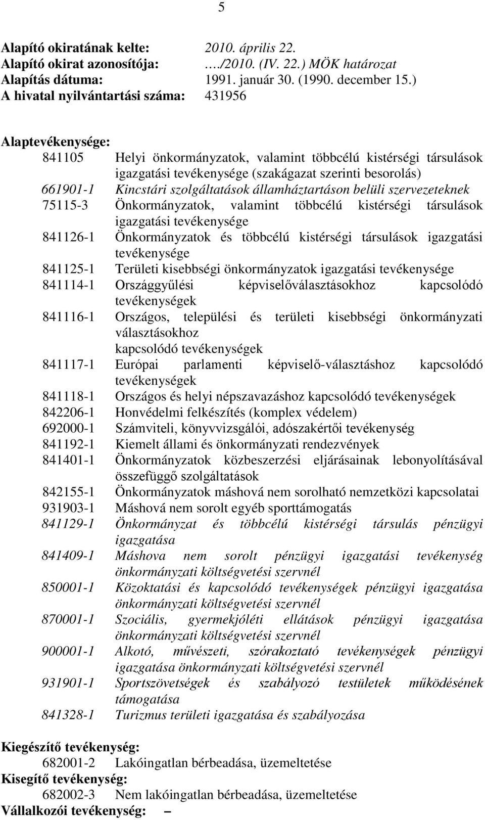 Kincstári szolgáltatások államháztartáson belüli szervezeteknek 75115-3 Önkormányzatok, valamint többcélú kistérségi társulások igazgatási tevékenysége 841126-1 Önkormányzatok és többcélú kistérségi