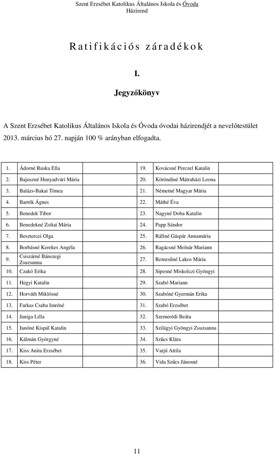 Benedek Tibor 23. Nagyné Doba Katalin 6. Benedekné Zoltai Mária 24. Papp Sándor 7. Besztercei Olga 25. Ráfiné Gáspár Annamária 8. Borbásné Kerekes Angéla 26. Ragácsné Molnár Mariann 9.