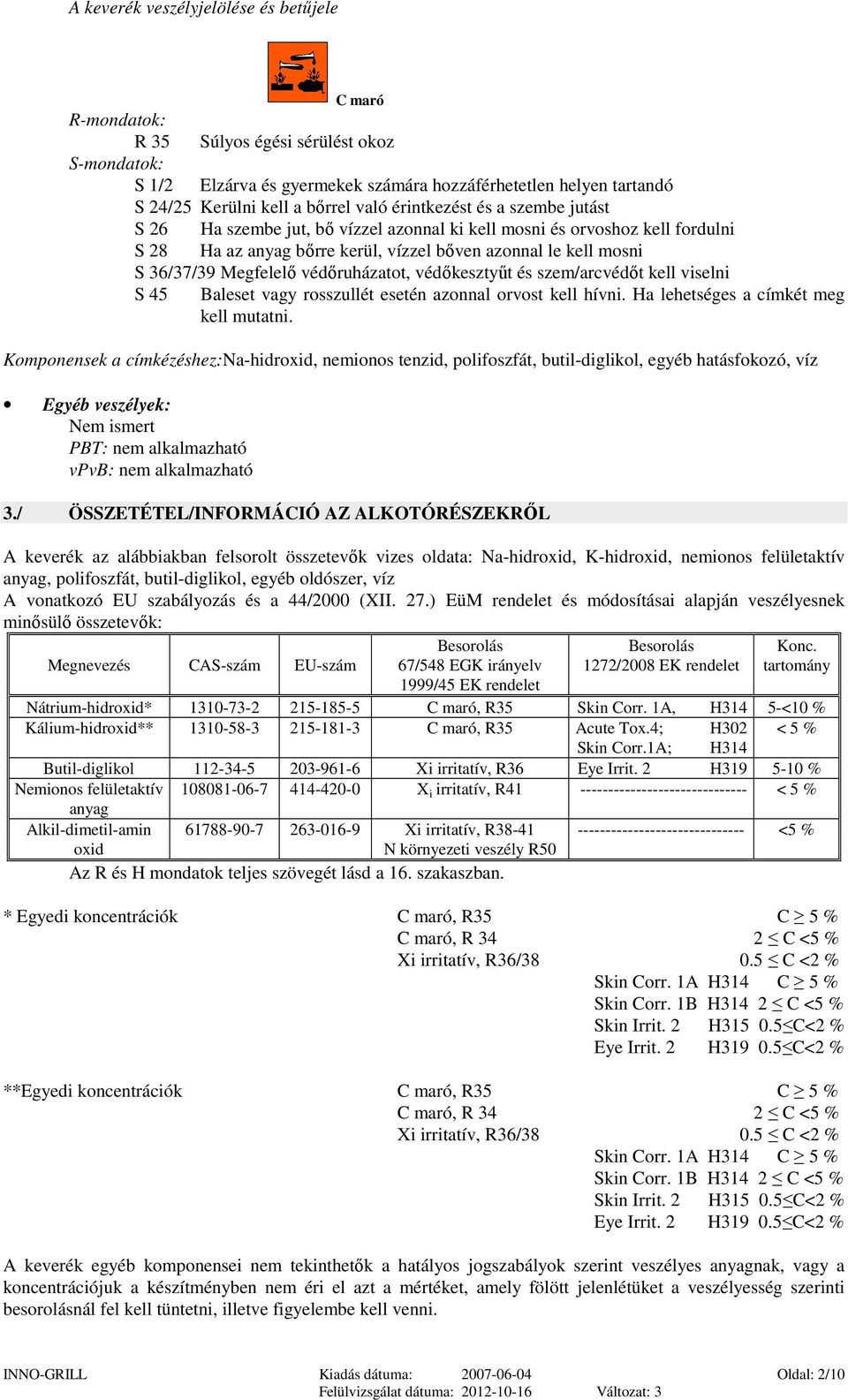 védőruházatot, védőkesztyűt és szem/arcvédőt kell viselni S 45 Baleset vagy rosszullét esetén azonnal orvost kell hívni. Ha lehetséges a címkét meg kell mutatni.