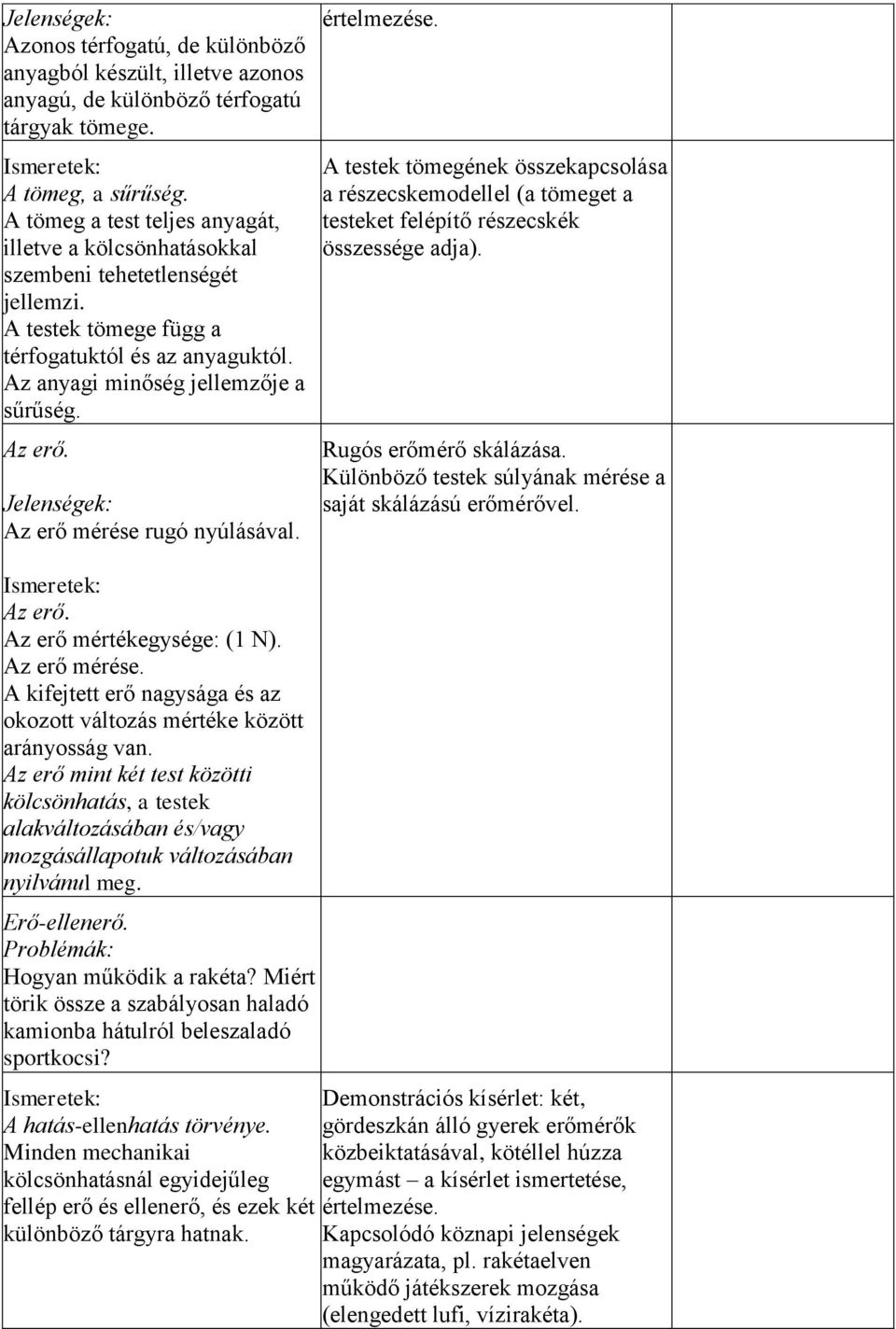 Jelenségek: Az erő mérése rugó nyúlásával. értelmezése. A testek tömegének összekapcsolása a részecskemodellel (a tömeget a testeket felépítő részecskék összessége adja). Rugós erőmérő skálázása.