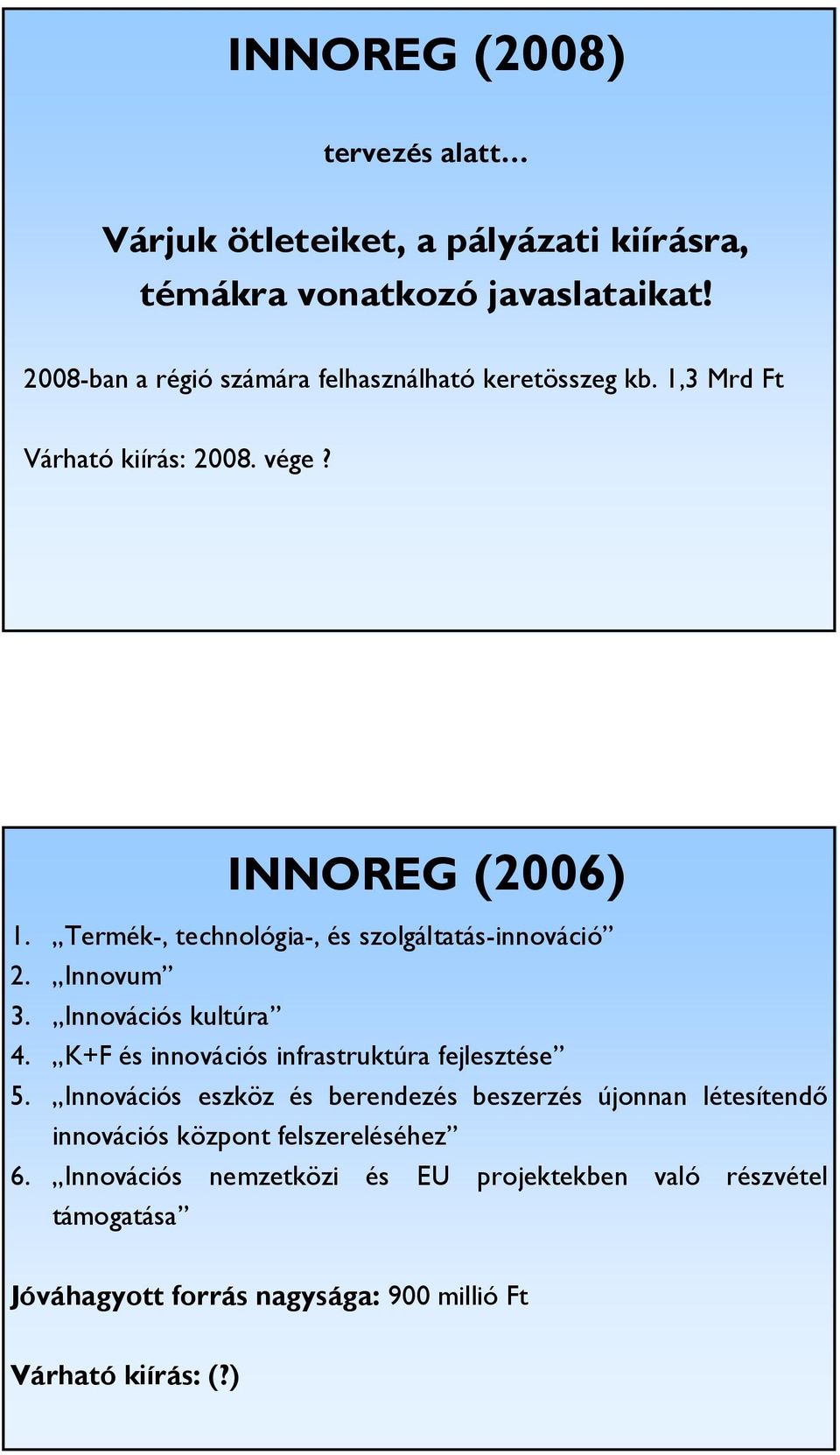 Termék-, technológia-, és szolgáltatás-innováció 2. Innovum 3. Innovációs kultúra 4. K+F és innovációs infrastruktúra fejlesztése 5.