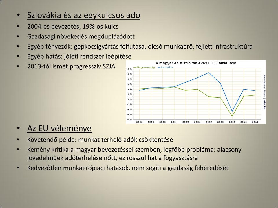 véleménye Követendő példa: munkát terhelő adók csökkentése Kemény kritika a magyar bevezetéssel szemben, legfőbb probléma: