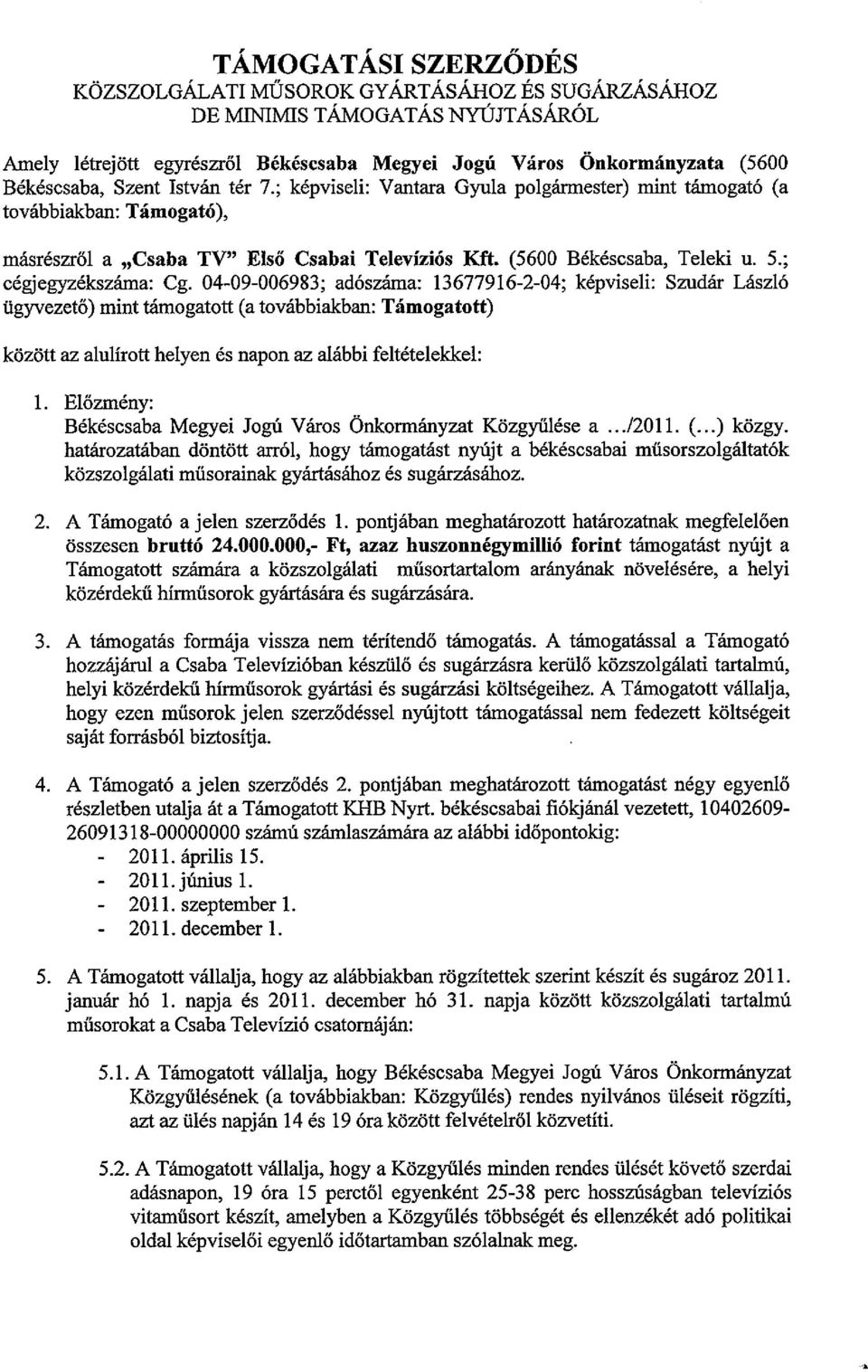 04-09-006983; adószáma: 13677916-2-04; képviseli: Szudár László ügyvezető) mint támogatott (a továbbiakban: Támogatott) között az alulírott helyen és napon az alábbi feltételekkel: 1.